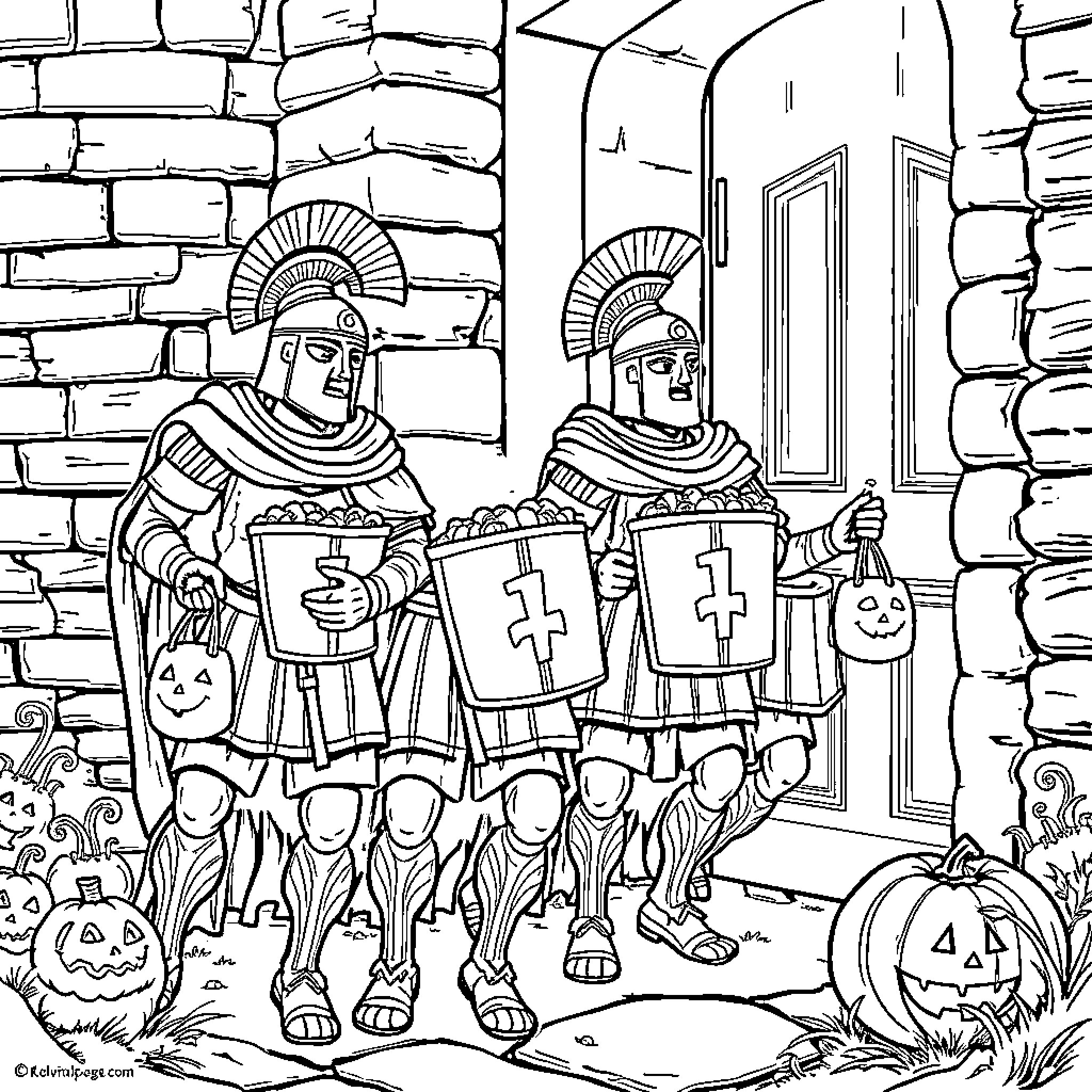 Roman Soldiers on Halloween Patrol Coloring Page (free black-and-white line drawing printable PDF for all, from beginners to advanced learners, including children, teens, adults, and seniors)