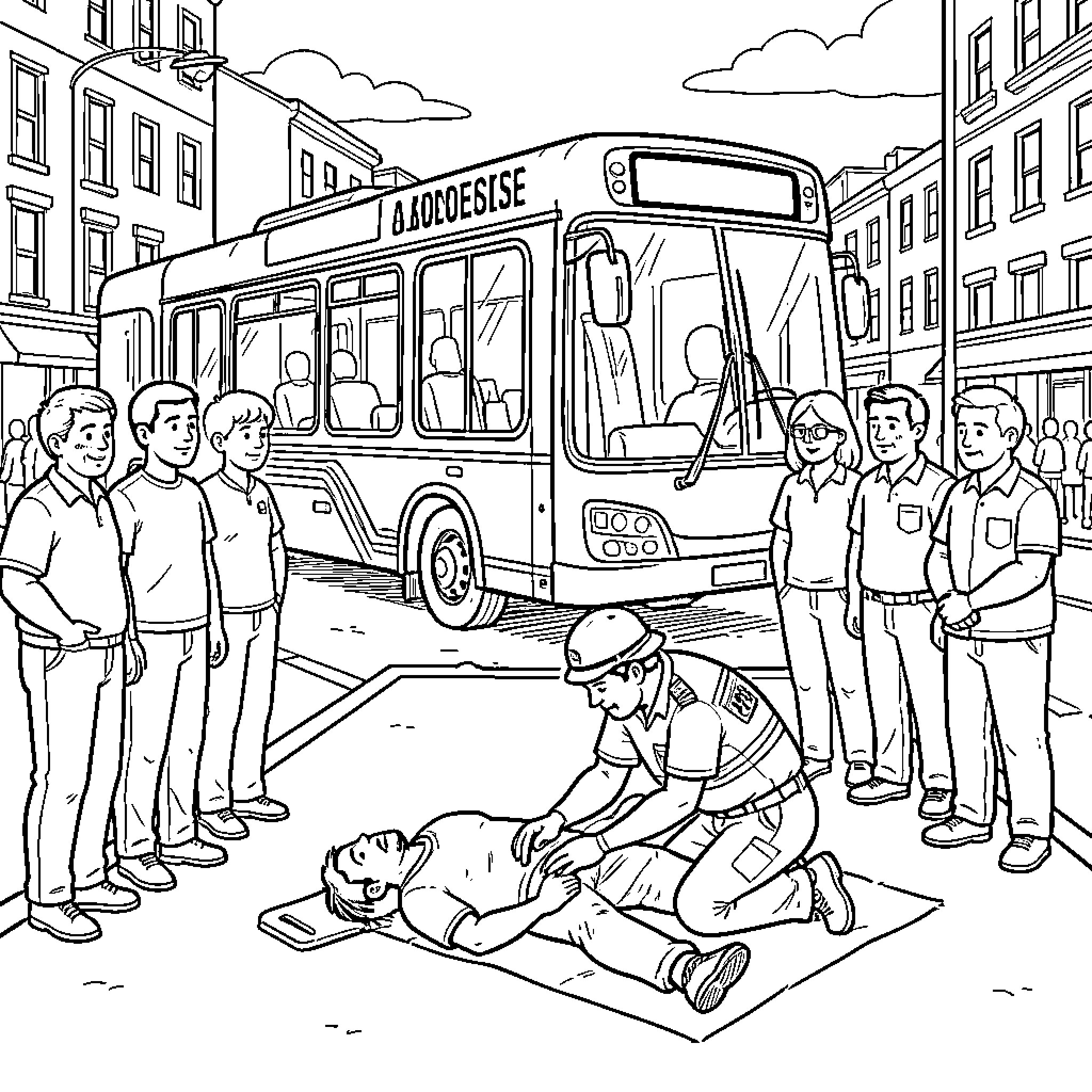 AED Emergency Responders Aiding Injured Person Coloring Page (free black-and-white line drawing printable PDF for all, from beginners to advanced learners, including children, teens, adults, and seniors)