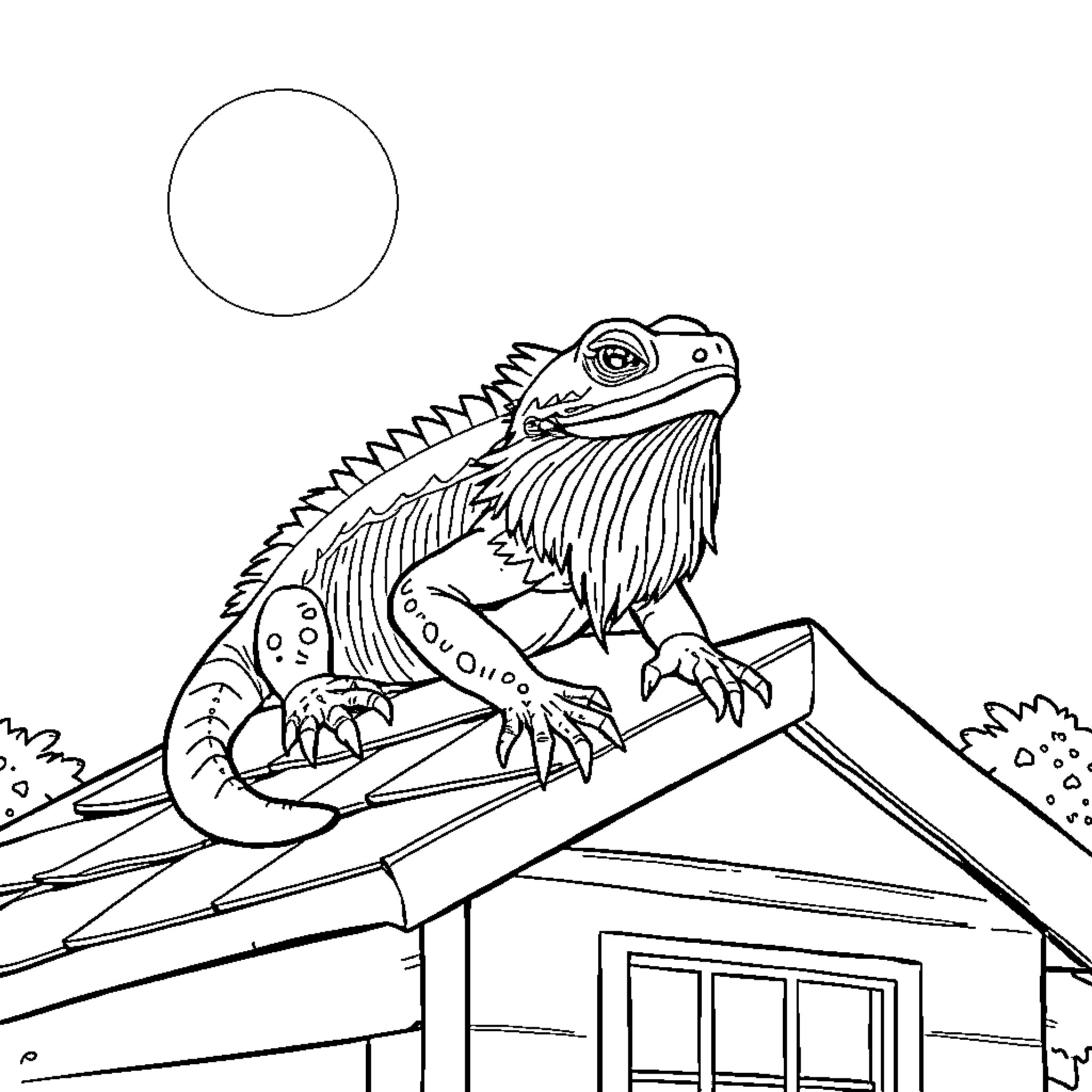 Bearded Dragon atop a house on a moonlit night Coloring Page (free black-and-white line drawing printable PDF for all, from beginners to advanced learners, including children, teens, adults, and seniors)