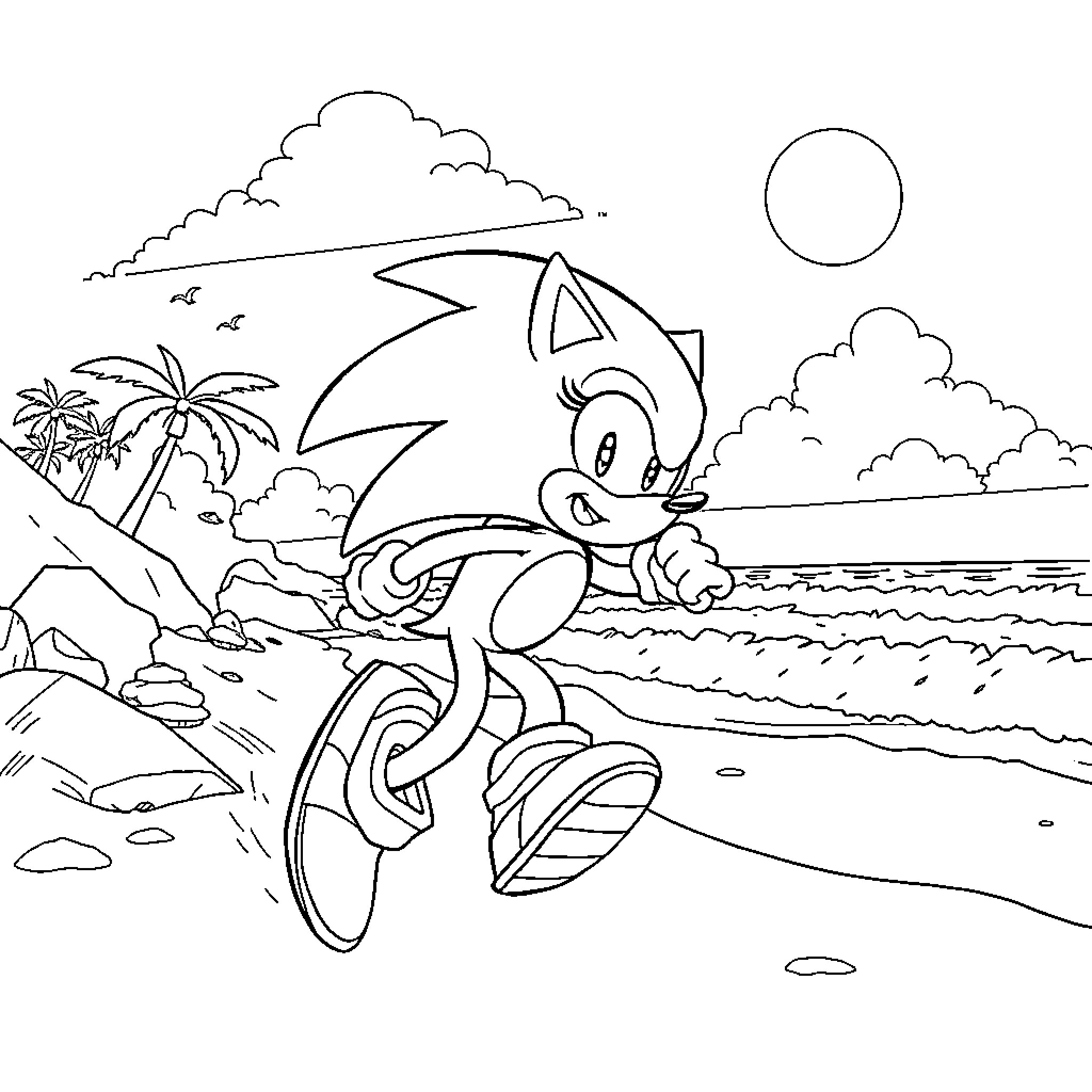 Sonic running through tropical beach scenery Coloring Page (free black-and-white line drawing printable PDF for all, from beginners to advanced learners, including children, teens, adults, and seniors)
