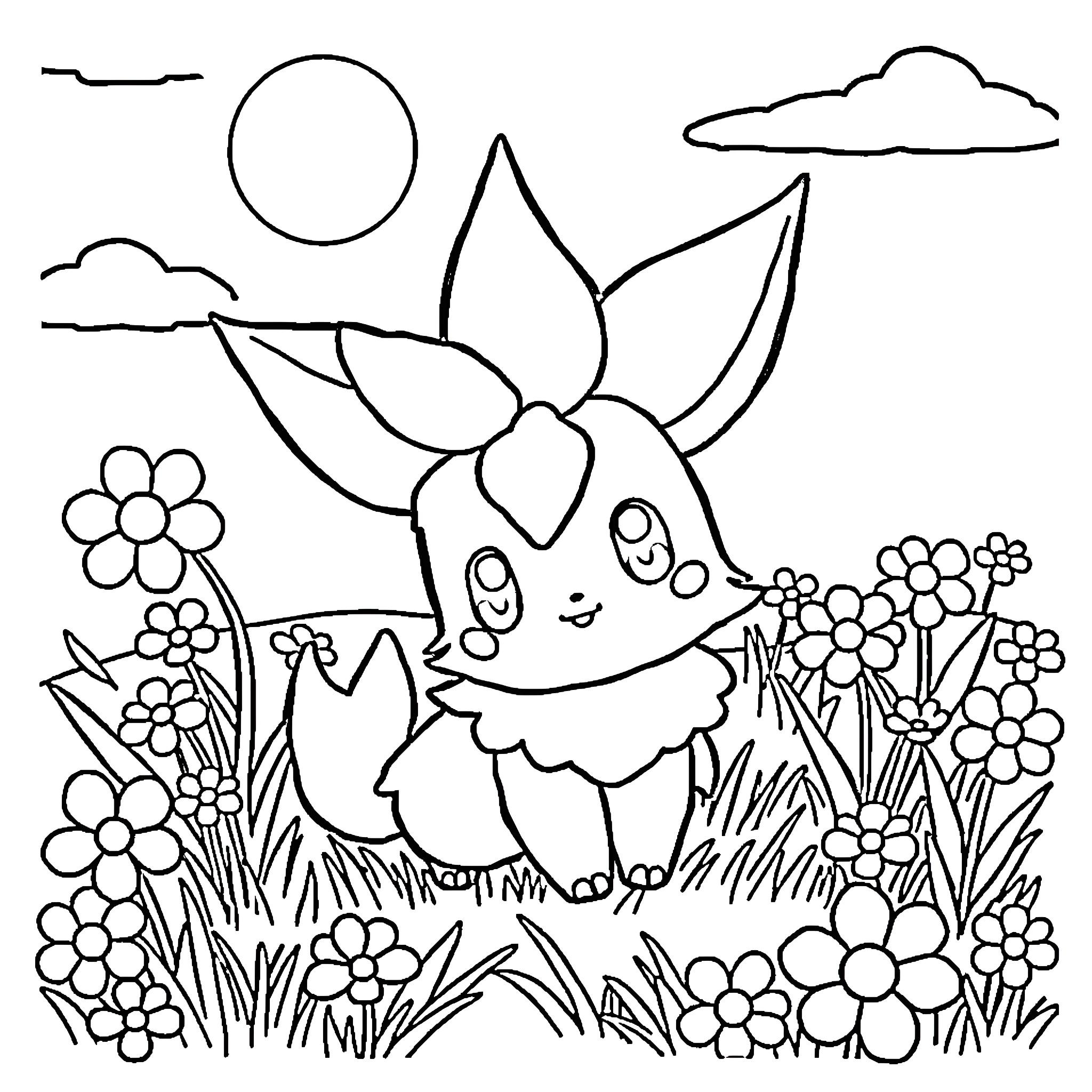 Shaymin frolicking in a whimsical floral meadow Coloring Page (free black-and-white line drawing printable PDF for all, from beginners to advanced learners, including children, teens, adults, and seniors)