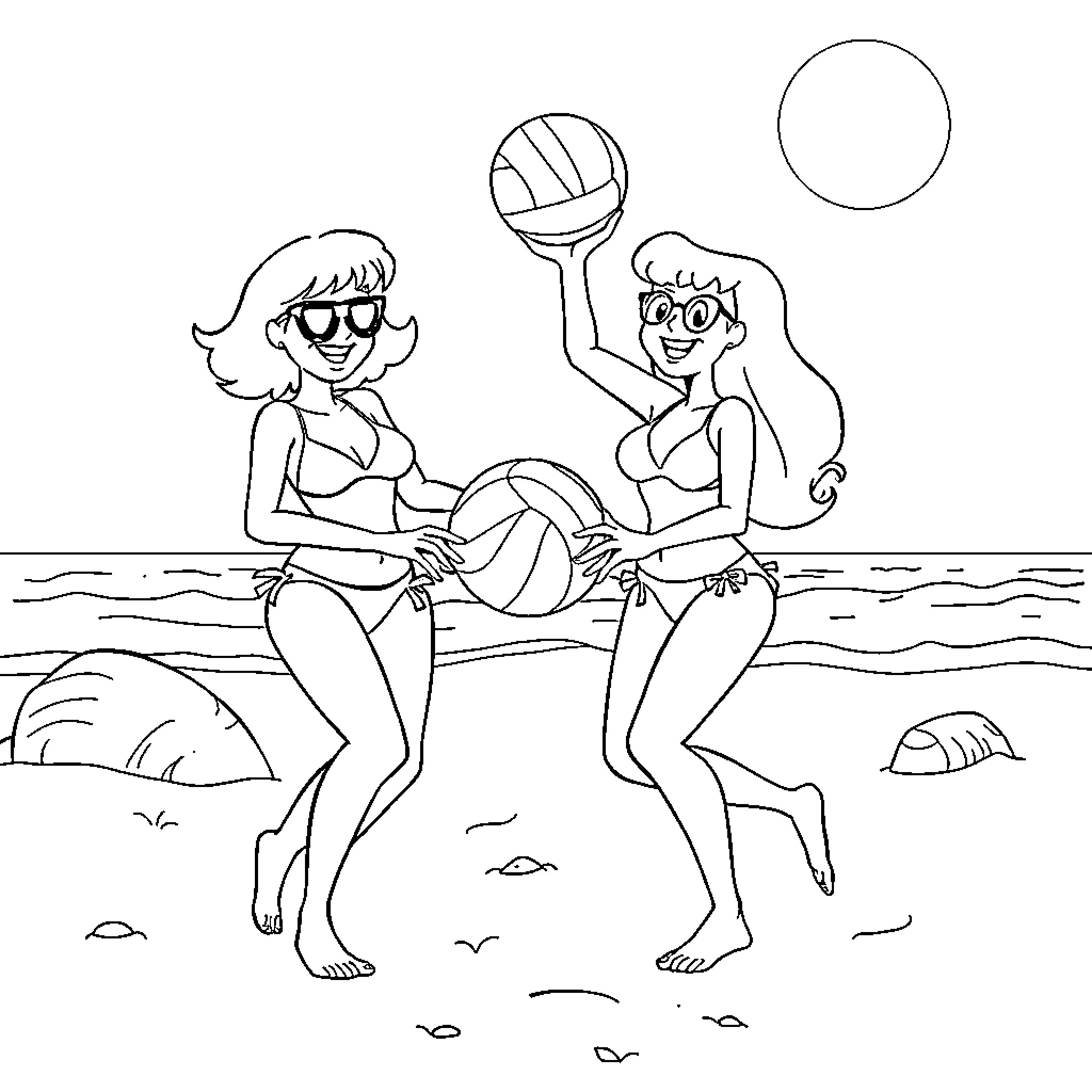 Velma and Daphne playing beach volleyball Coloring Page (free black-and-white line drawing printable PDF for all, from beginners to advanced learners, including children, teens, adults, and seniors)