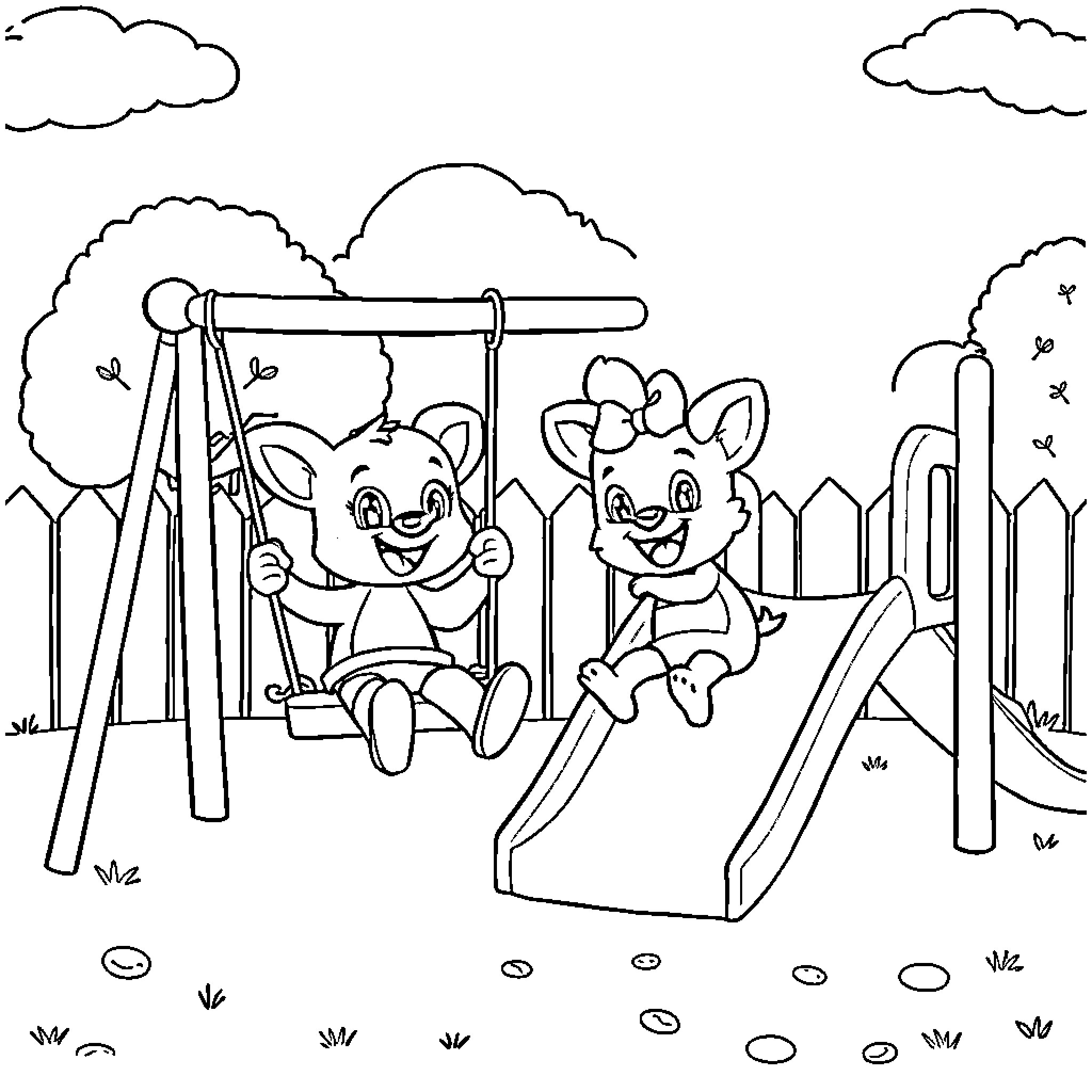 Bluey and Friends at the Playground Coloring Page (free black-and-white line drawing printable PDF for all, from beginners to advanced learners, including children, teens, adults, and seniors)