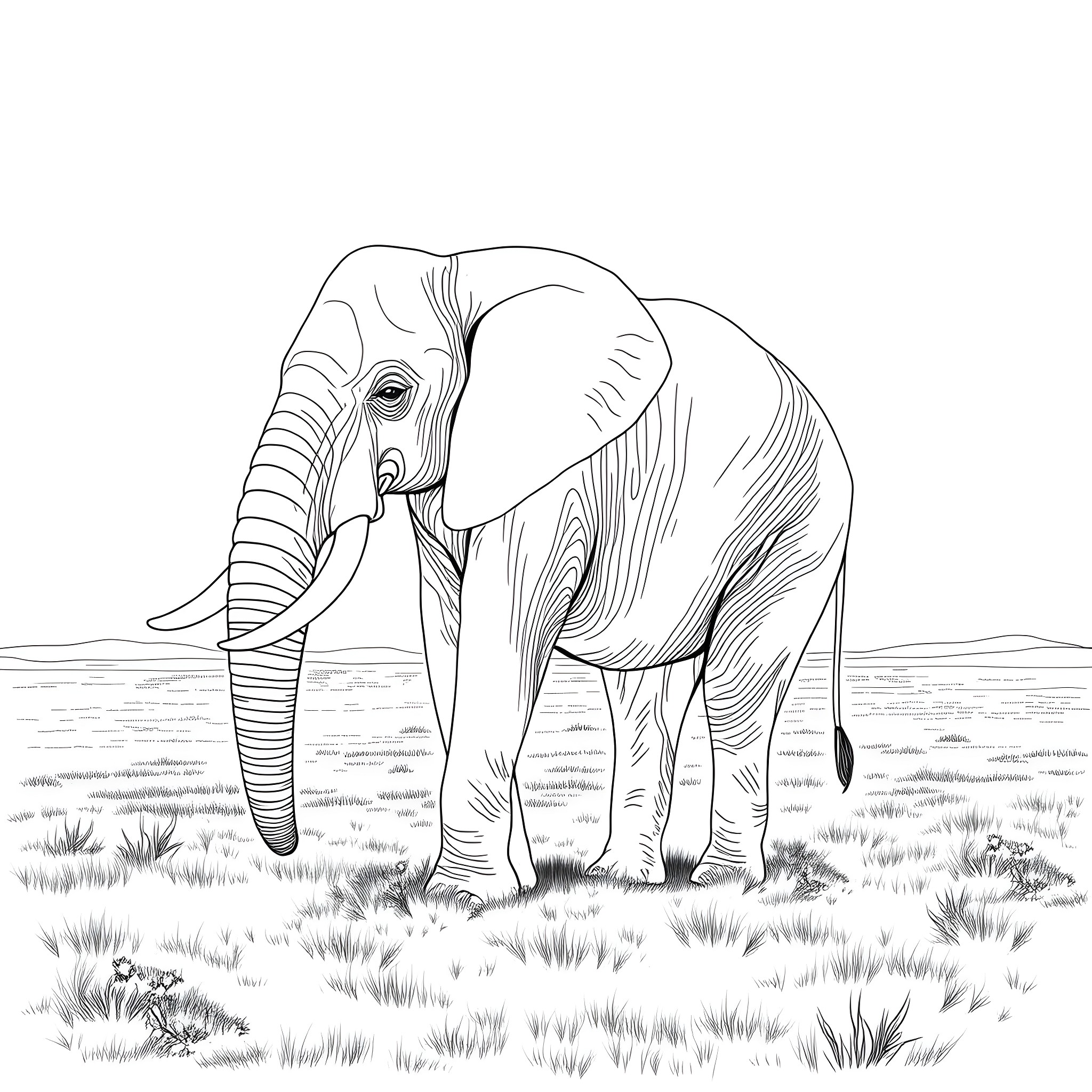 Elephant walking gracefully through the grasslands Coloring Page (free black-and-white line drawing printable PDF for all, from beginners to advanced learners, including children, teens, adults, and seniors)