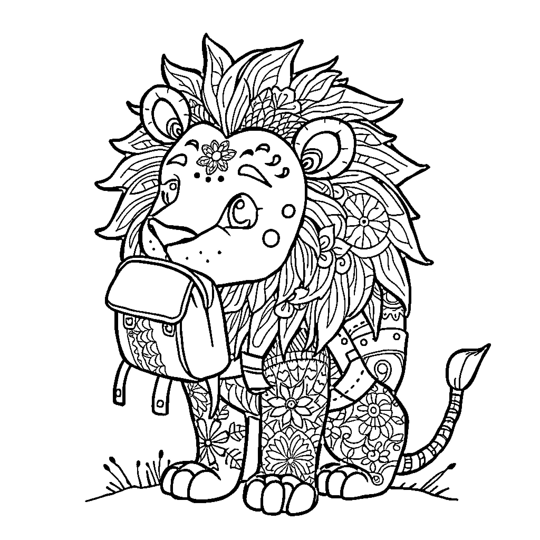 Lion with Ornate Floral Design Coloring Page (free black-and-white line drawing printable PDF for all, from beginners to advanced learners, including children, teens, adults, and seniors)