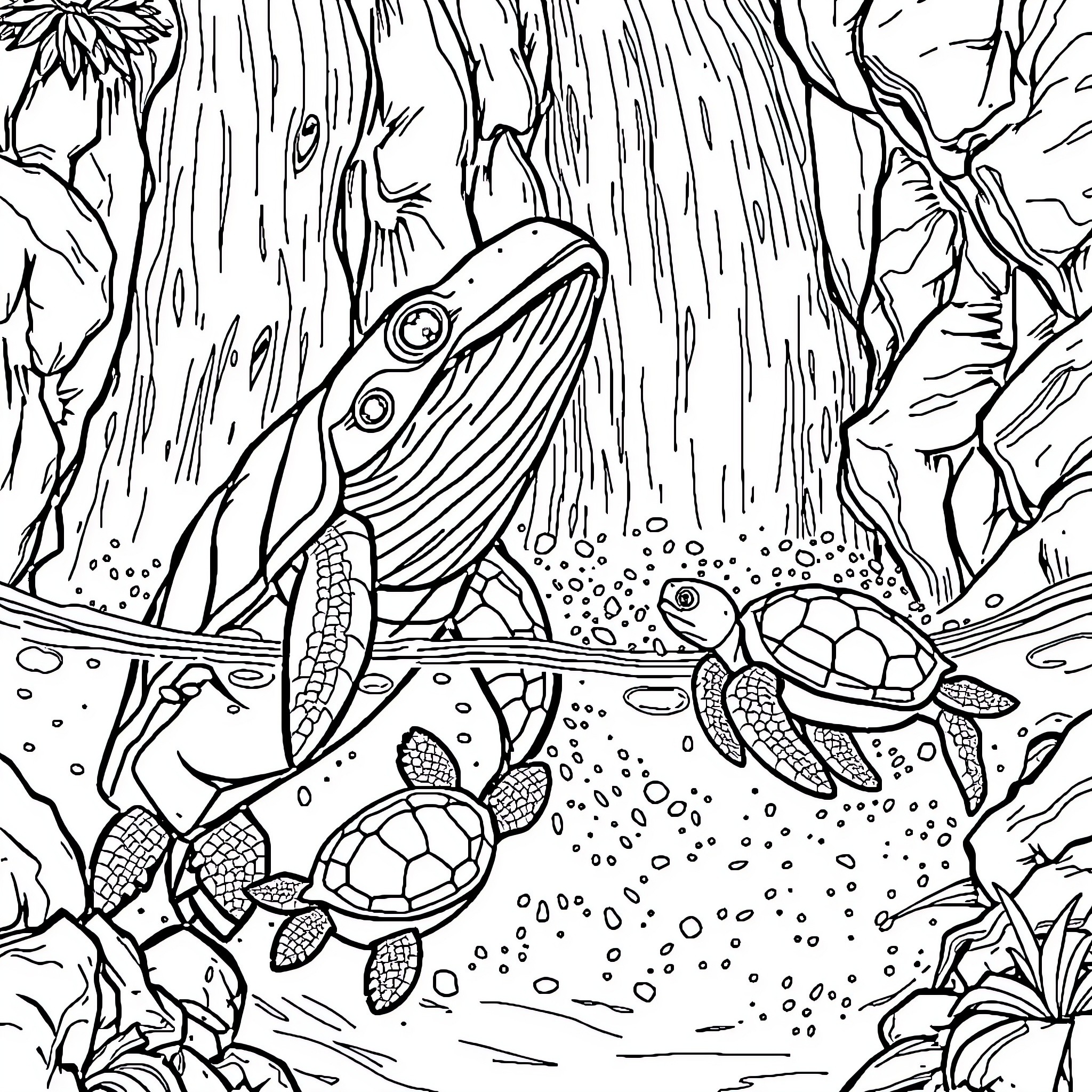 Turtle family swimming in the ocean Coloring Page (free black-and-white line drawing printable PDF for all, from beginners to advanced learners, including children, teens, adults, and seniors)