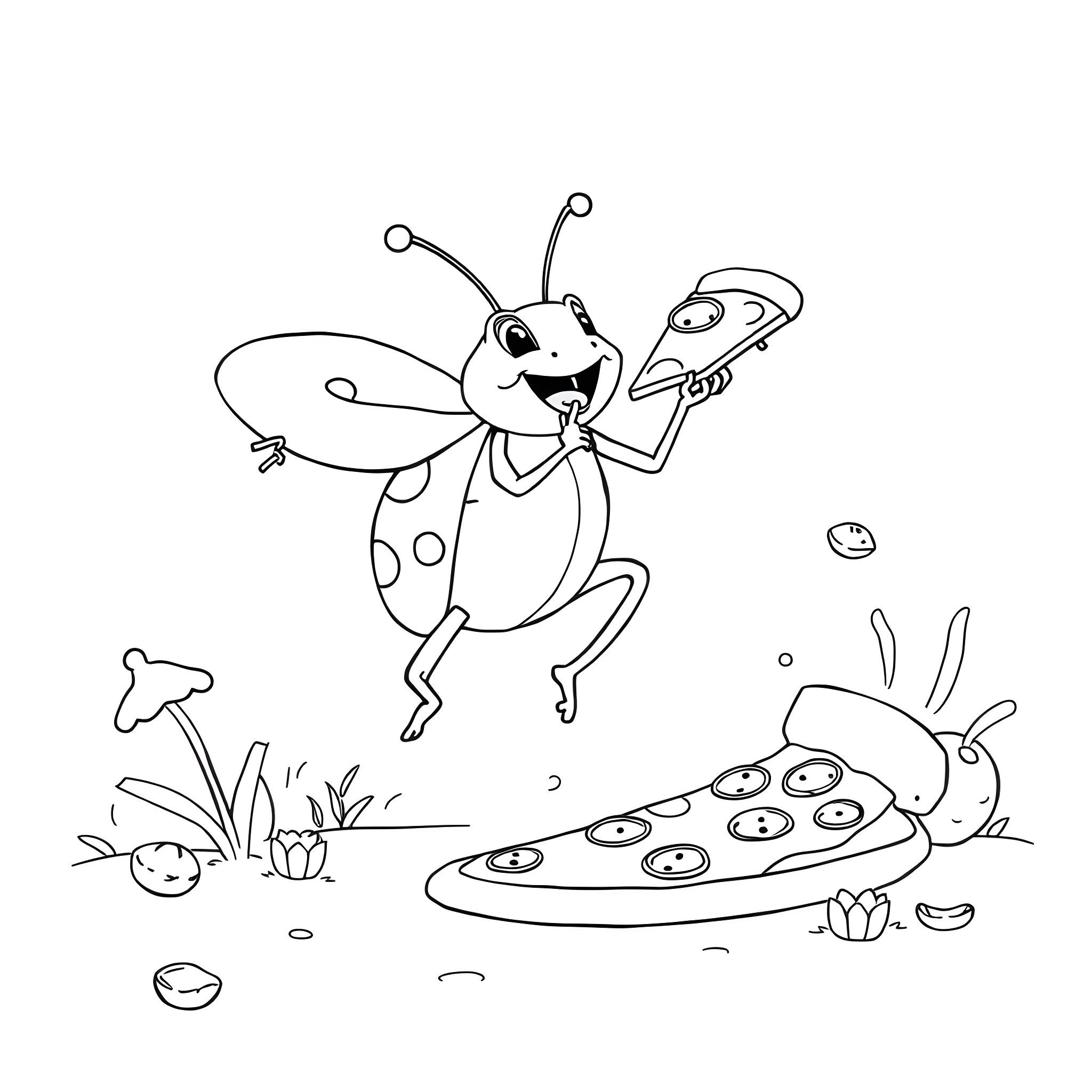 Bug enjoying a delightful pizza with friends Coloring Page (free black-and-white line drawing printable PDF for all, from beginners to advanced learners, including children, teens, adults, and seniors)