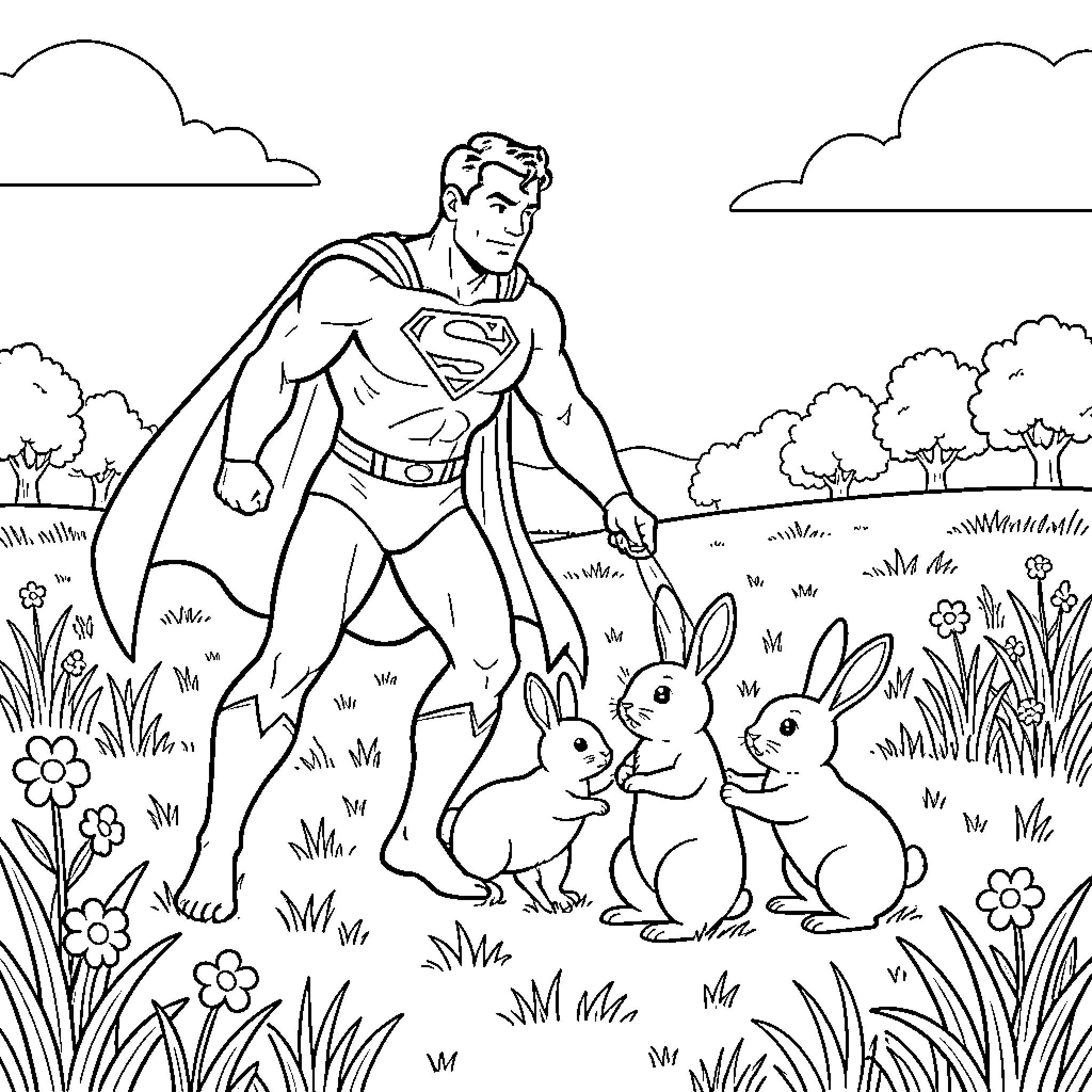 Superman protecting playful rabbits in the meadow Coloring Page (free black-and-white line drawing printable PDF for all, from beginners to advanced learners, including children, teens, adults, and seniors)