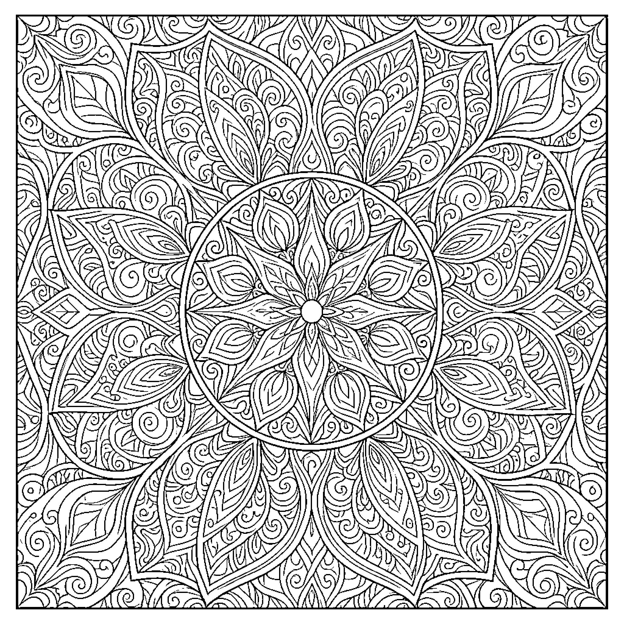 Zen Doodle of intricate floral mandala patterns Coloring Page (free black-and-white line drawing printable PDF for all, from beginners to advanced learners, including children, teens, adults, and seniors)
