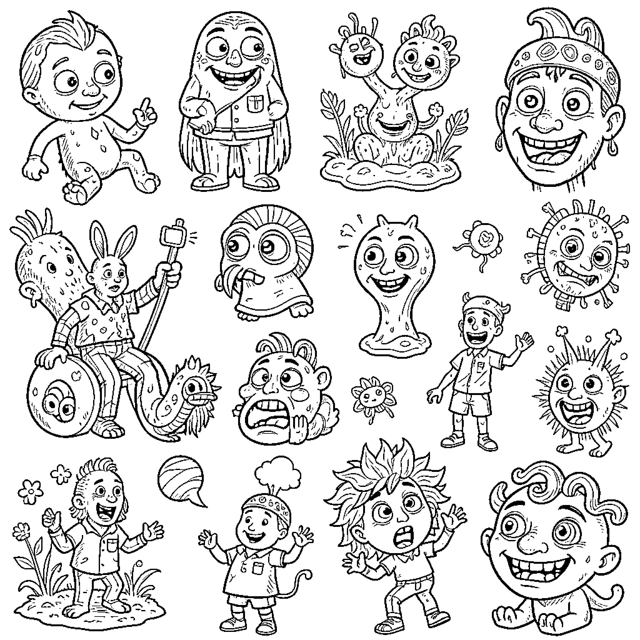 Visual Absurdities: Whimsical Characters in Playful Scenes Coloring Page (free black-and-white line drawing printable PDF for all, from beginners to advanced learners, including children, teens, adults, and seniors)