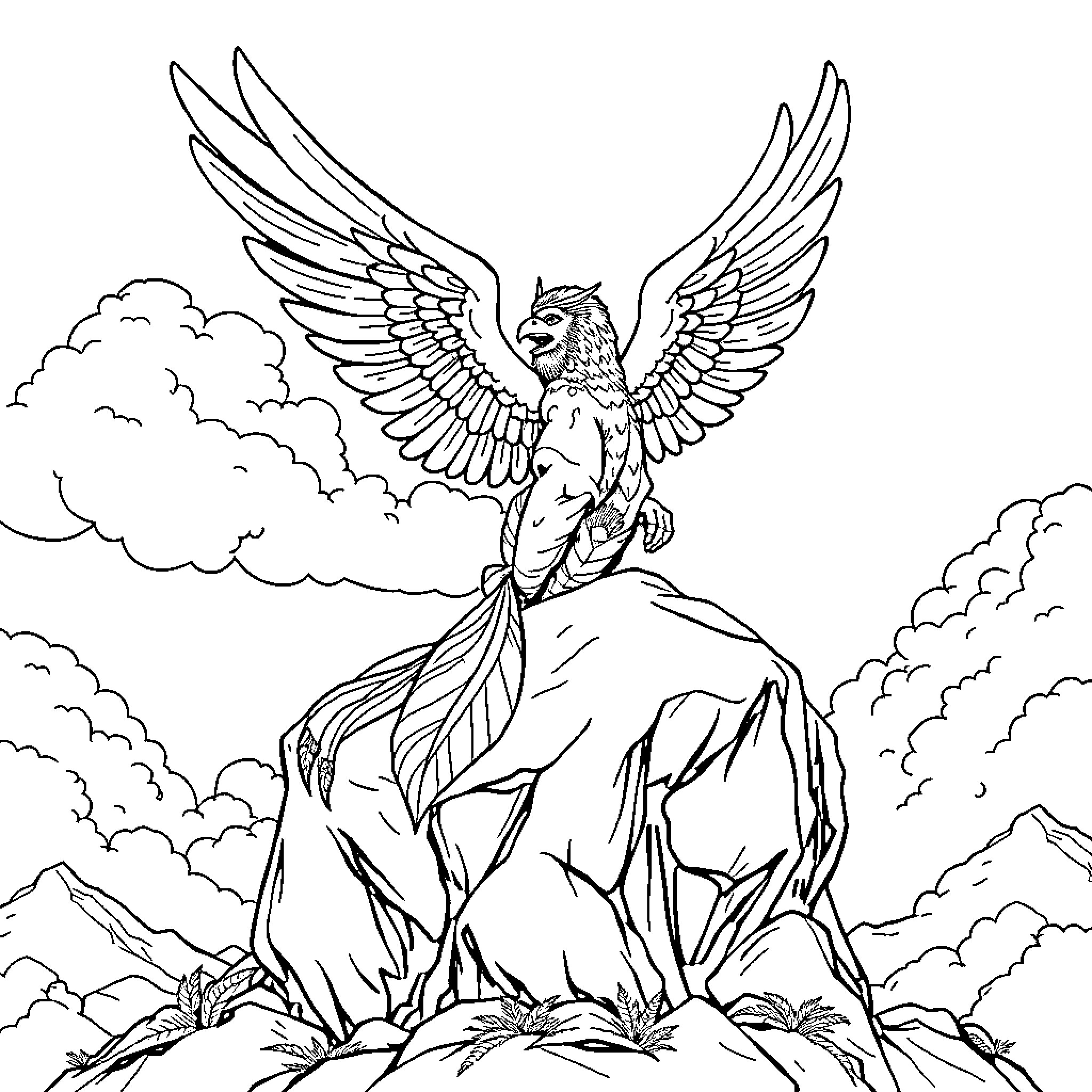Chimuelo, the mythical creature spreading its wings atop a rocky mountain Coloring Page (free black-and-white line drawing printable PDF for all, from beginners to advanced learners, including children, teens, adults, and seniors)