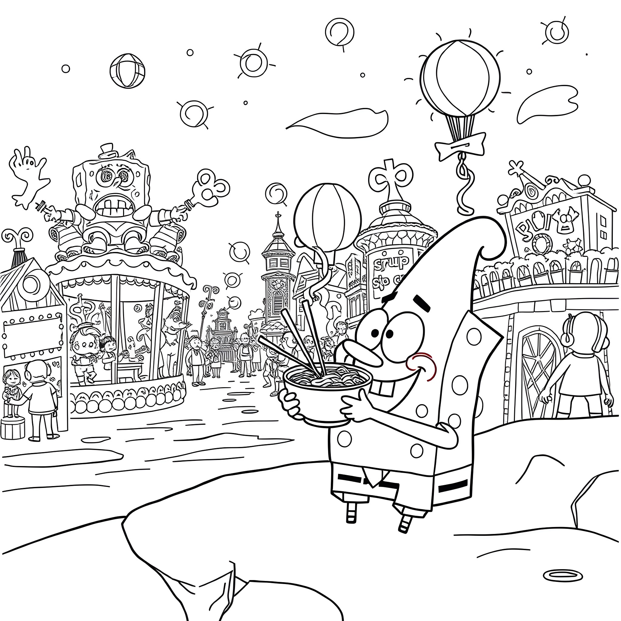 Spongebob's Whimsical Underwater Adventure Coloring Page (free black-and-white line drawing printable PDF for all, from beginners to advanced learners, including children, teens, adults, and seniors)