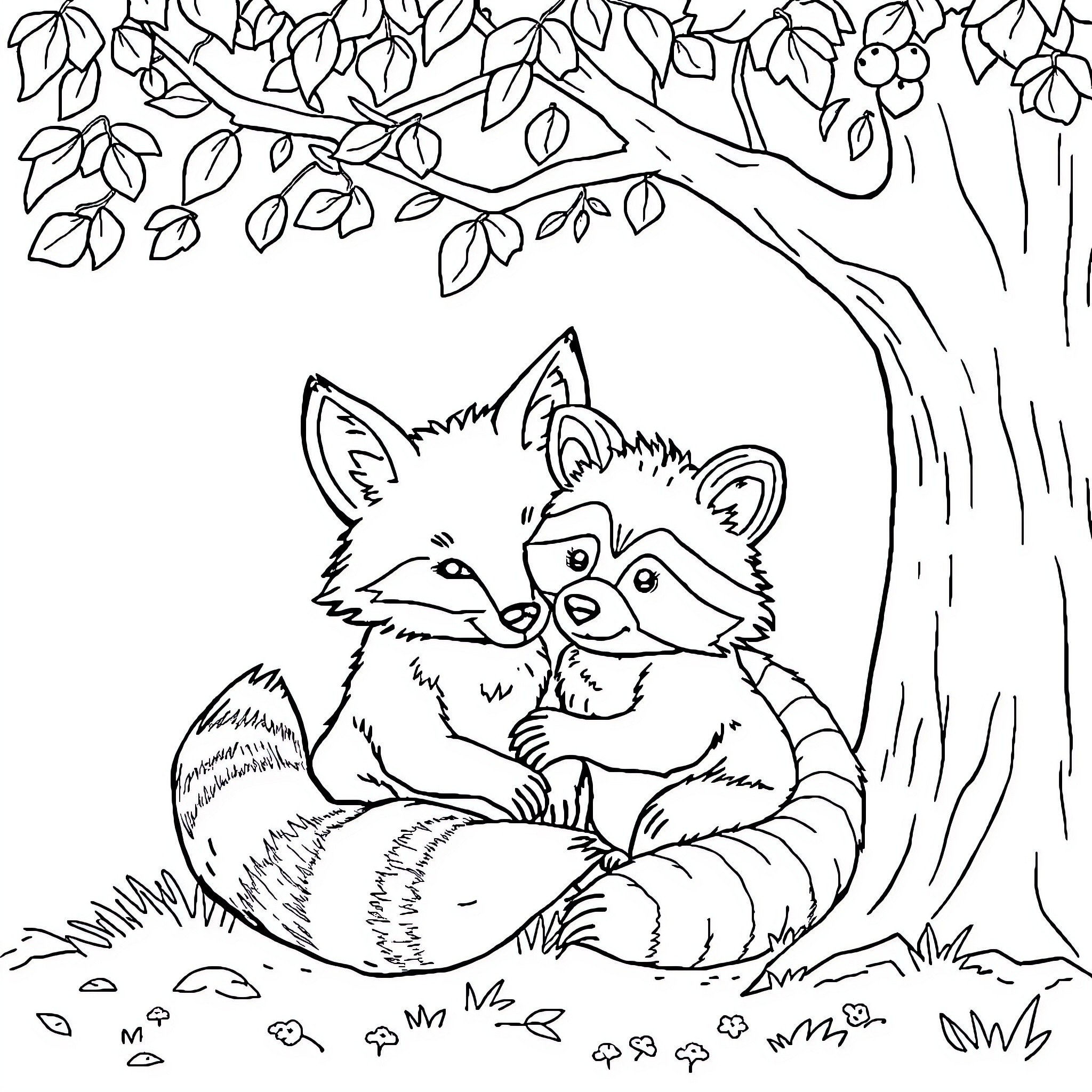 Fox playing in the forest with friends Coloring Page (free black-and-white line drawing printable PDF for all, from beginners to advanced learners, including children, teens, adults, and seniors)