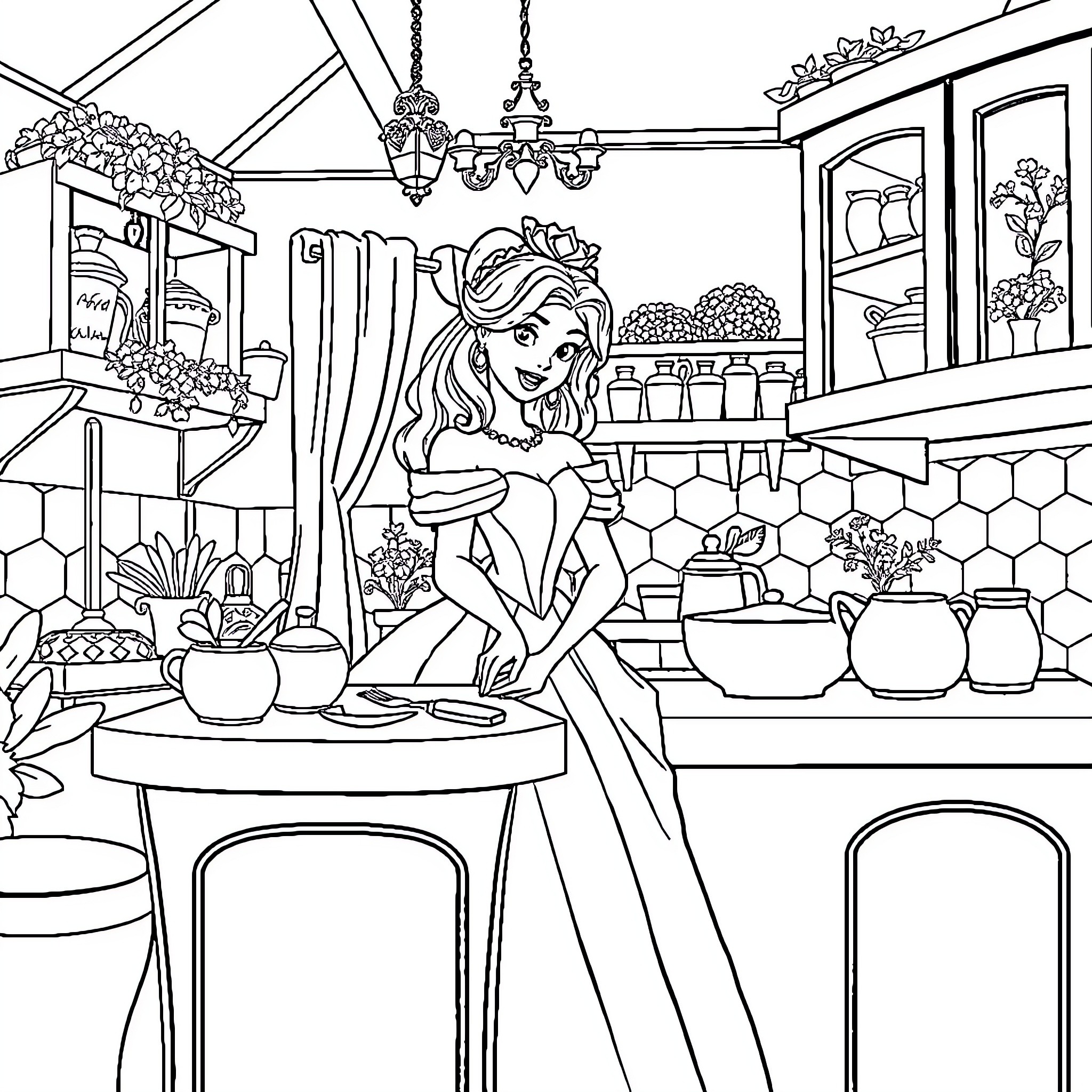 Disney Princess Relaxing in Cozy Kitchen Coloring Page (free black-and-white line drawing printable PDF for all, from beginners to advanced learners, including children, teens, adults, and seniors)