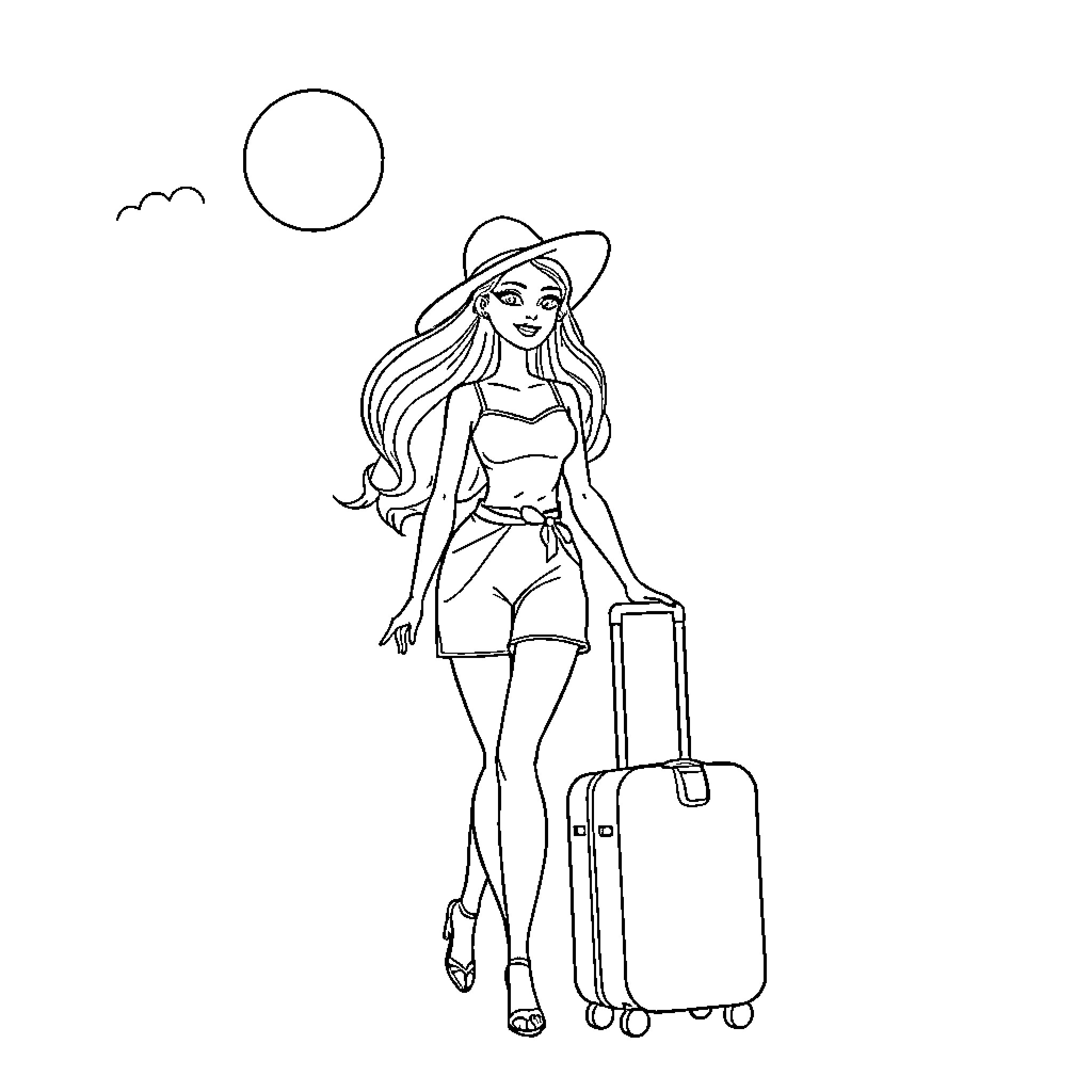 Barbie enjoying a summer vacation with suitcase Coloring Page (free black-and-white line drawing printable PDF for all, from beginners to advanced learners, including children, teens, adults, and seniors)