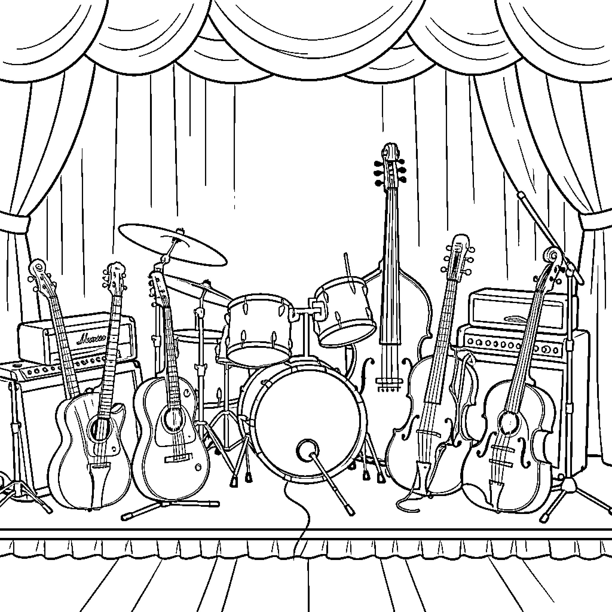 Musical Instrument collection arranged on a theater stage Coloring Page (free black-and-white line drawing printable PDF for all, from beginners to advanced learners, including children, teens, adults, and seniors)