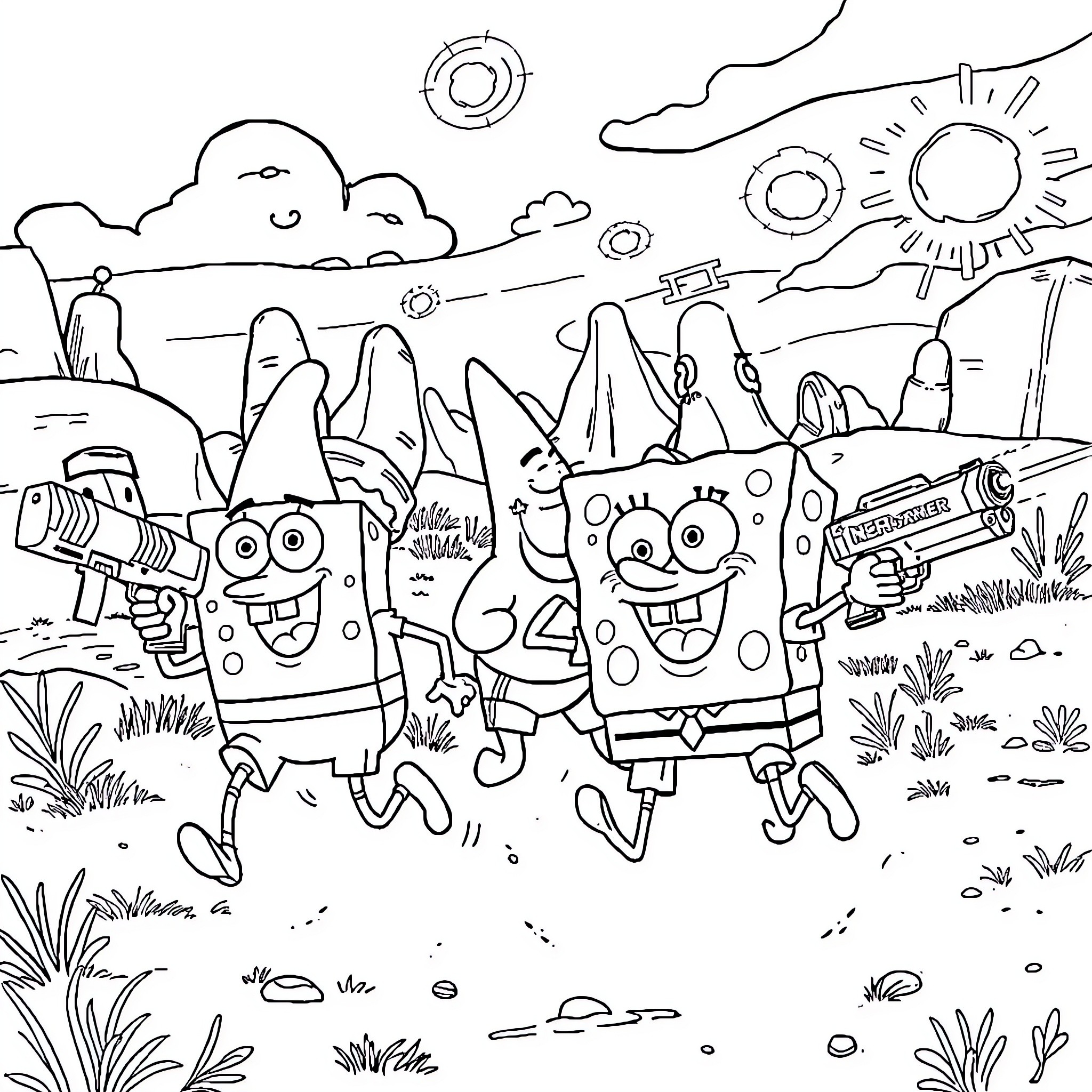 Spongebob and Patrick in a Playful Adventure Coloring Page (free black-and-white line drawing printable PDF for all, from beginners to advanced learners, including children, teens, adults, and seniors)