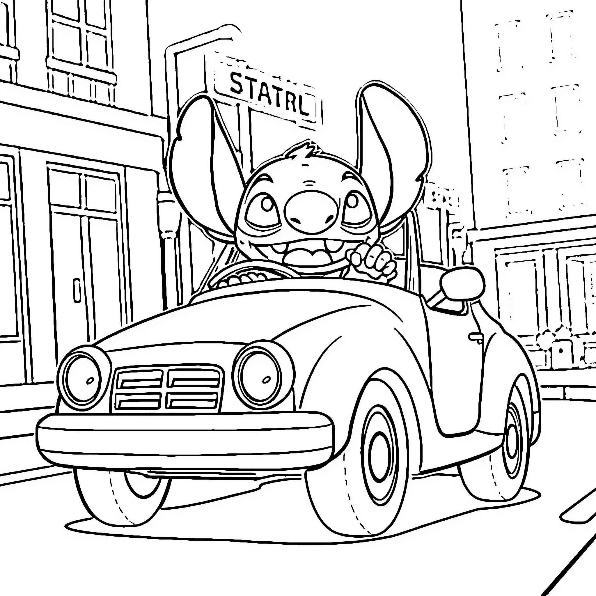 Stitch's Mischievous Joyride in the City Coloring Page (free black-and-white line drawing printable PDF for all, from beginners to advanced learners, including children, teens, adults, and seniors)