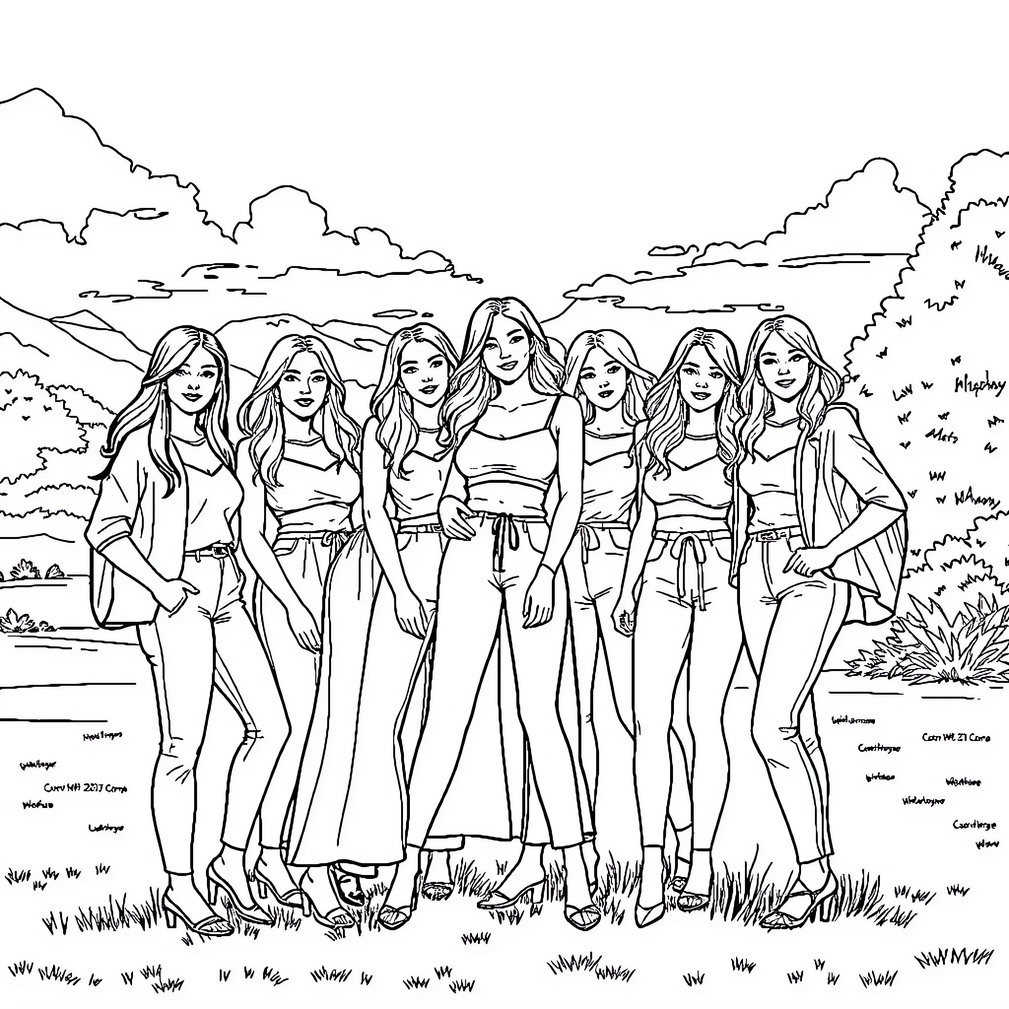 Woman group posing together in nature Coloring Page (free black-and-white line drawing printable PDF for all, from beginners to advanced learners, including children, teens, adults, and seniors)