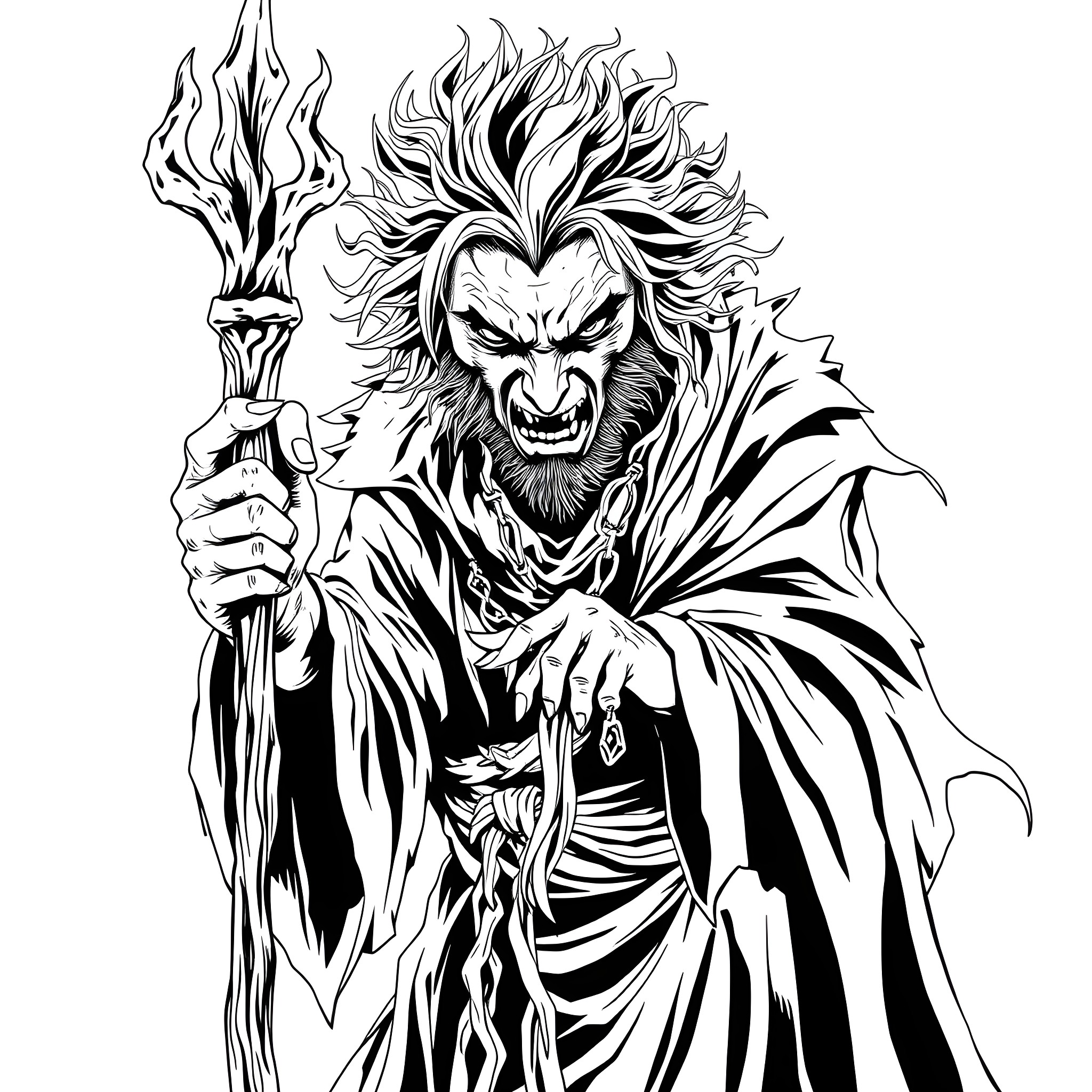 Man wielding a flaming staff with intense expression Coloring Page (free black-and-white line drawing printable PDF for all, from beginners to advanced learners, including children, teens, adults, and seniors)