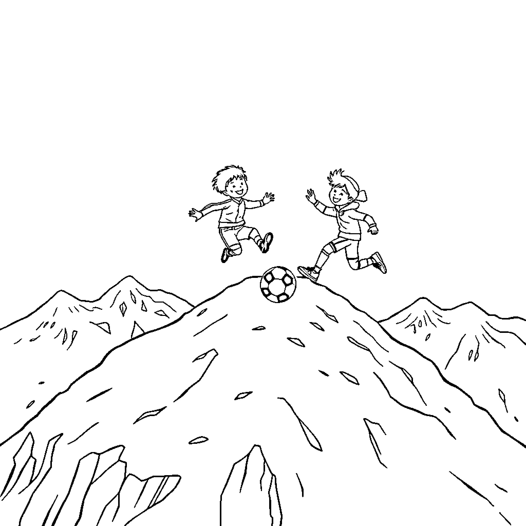 Boys playing soccer on mountain landscape Coloring Page (free black-and-white line drawing printable PDF for all, from beginners to advanced learners, including children, teens, adults, and seniors)