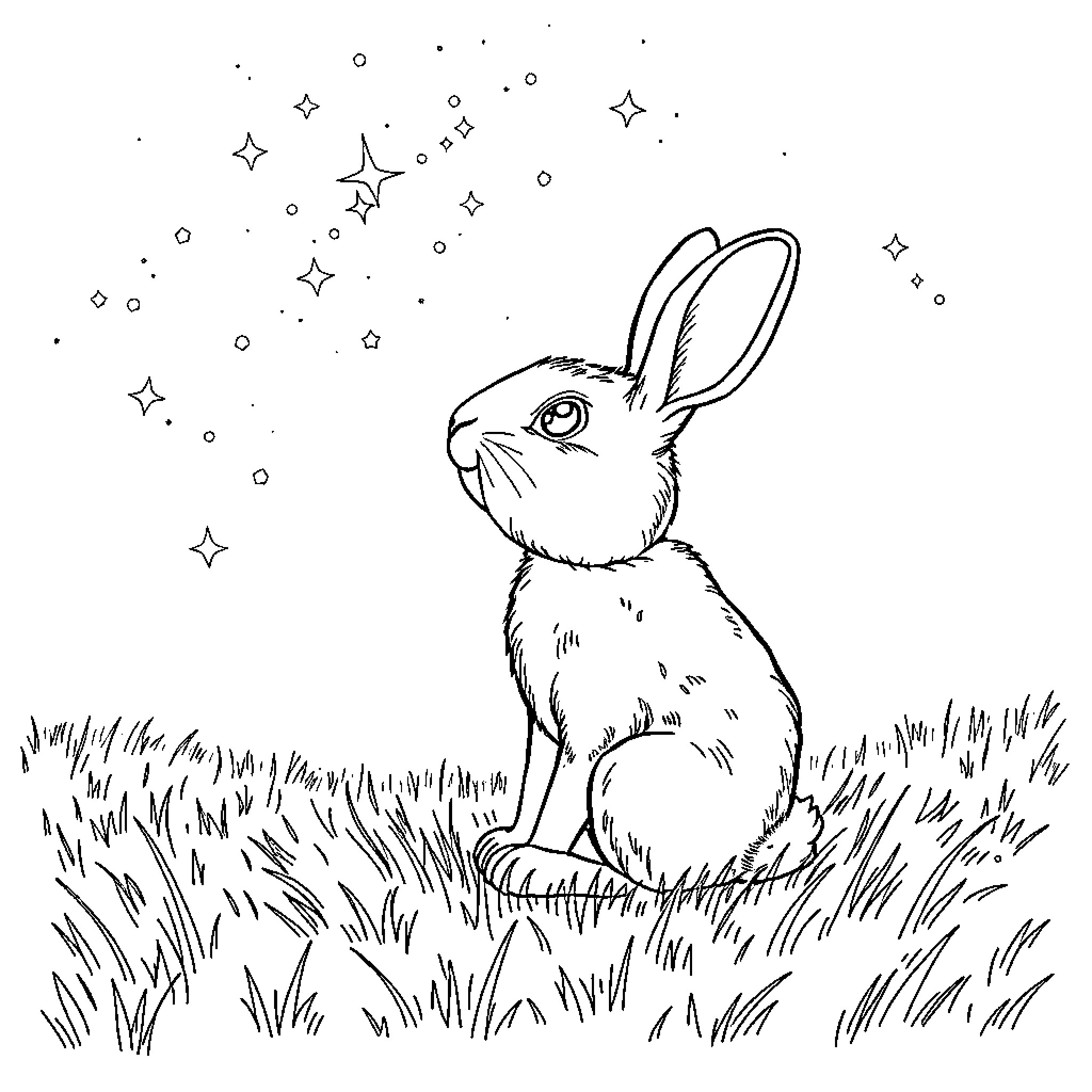Rabbit gazing at starry night sky Coloring Page (free black-and-white line drawing printable PDF for all, from beginners to advanced learners, including children, teens, adults, and seniors)
