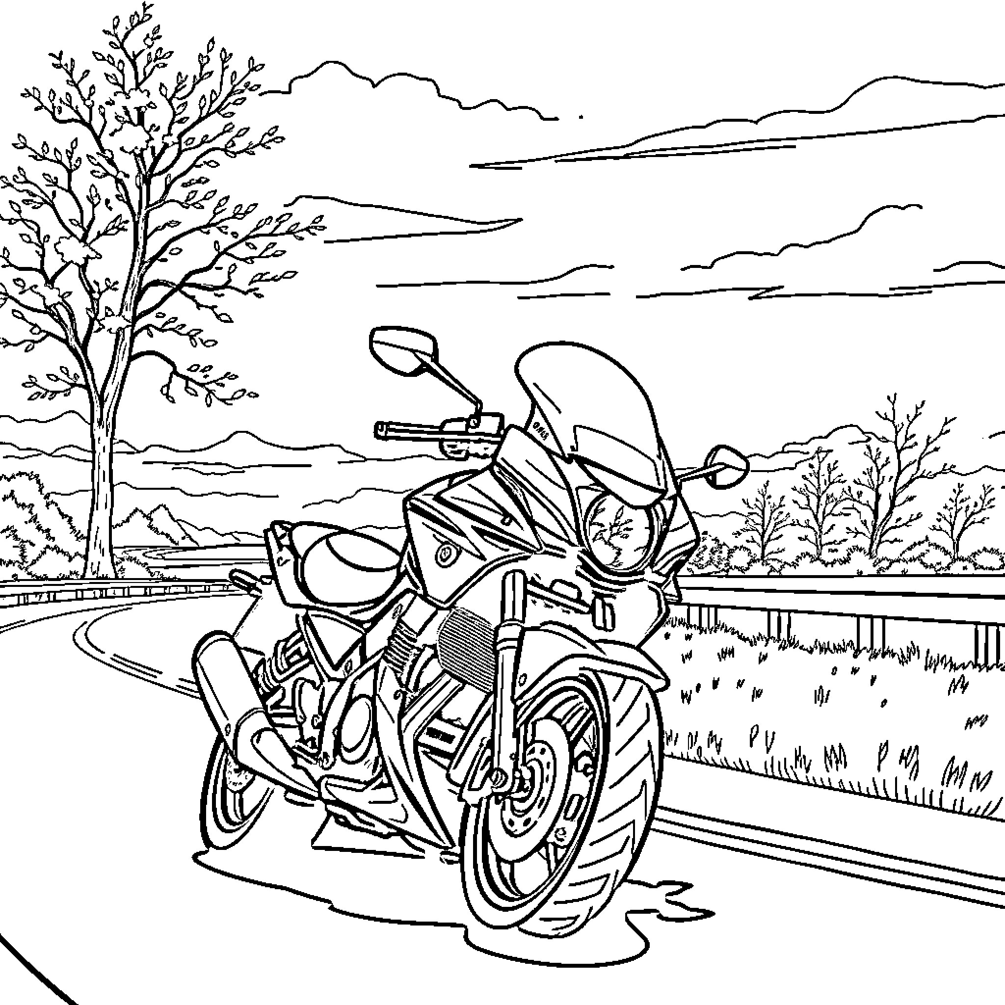 Motorcycle speeding through scenic countryside Coloring Page (free black-and-white line drawing printable PDF for all, from beginners to advanced learners, including children, teens, adults, and seniors)
