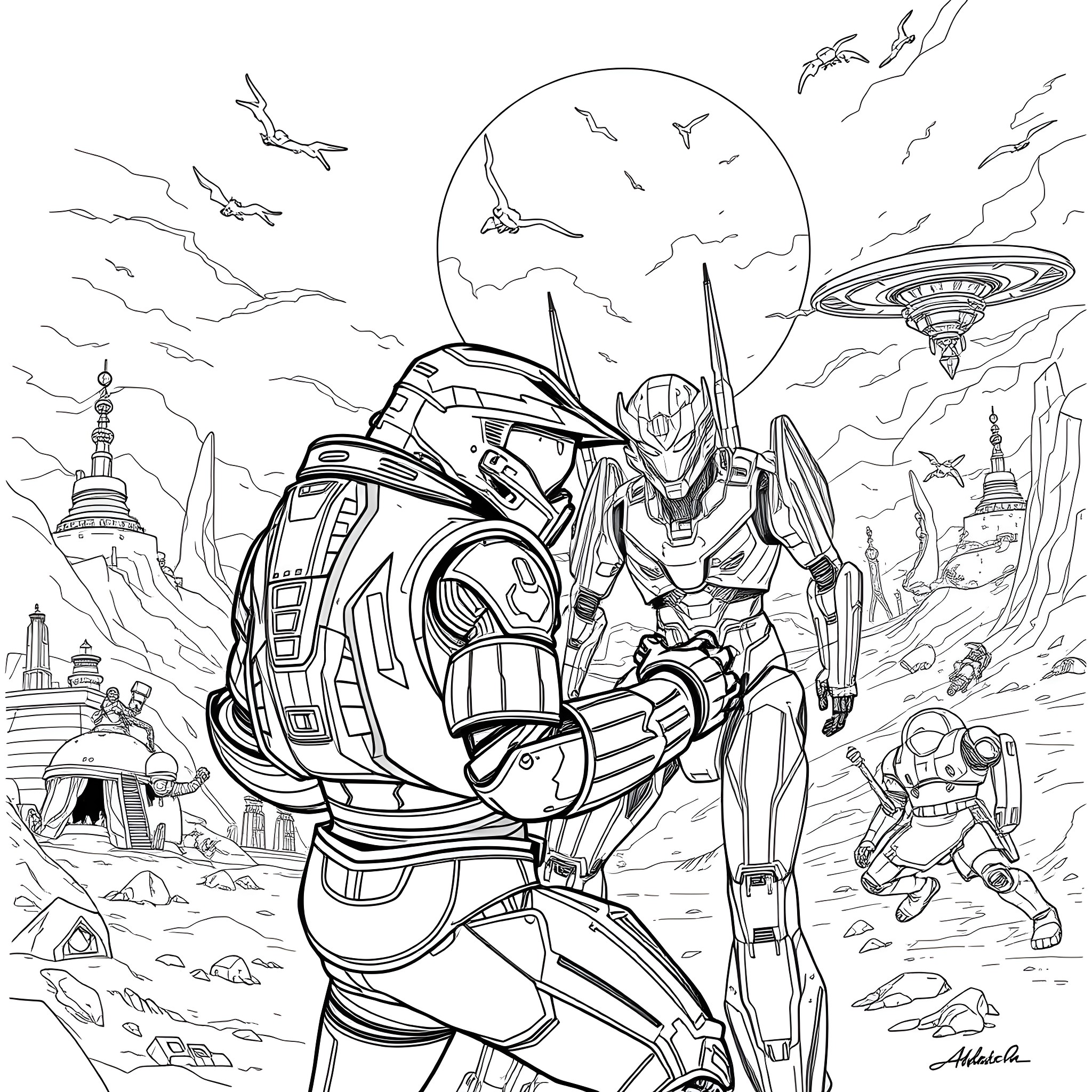 Halo of Interstellar Sci-Fi Battle Coloring Page (free black-and-white line drawing printable PDF for all, from beginners to advanced learners, including children, teens, adults, and seniors)