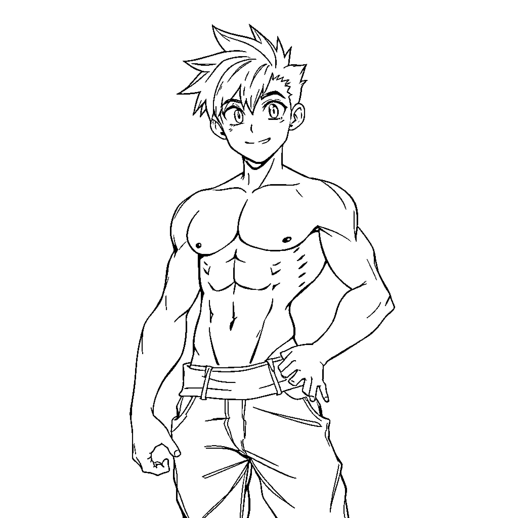 Anime Boy with Muscular Build and Determined Expression Coloring Page (free black-and-white line drawing printable PDF for all, from beginners to advanced learners, including children, teens, adults, and seniors)