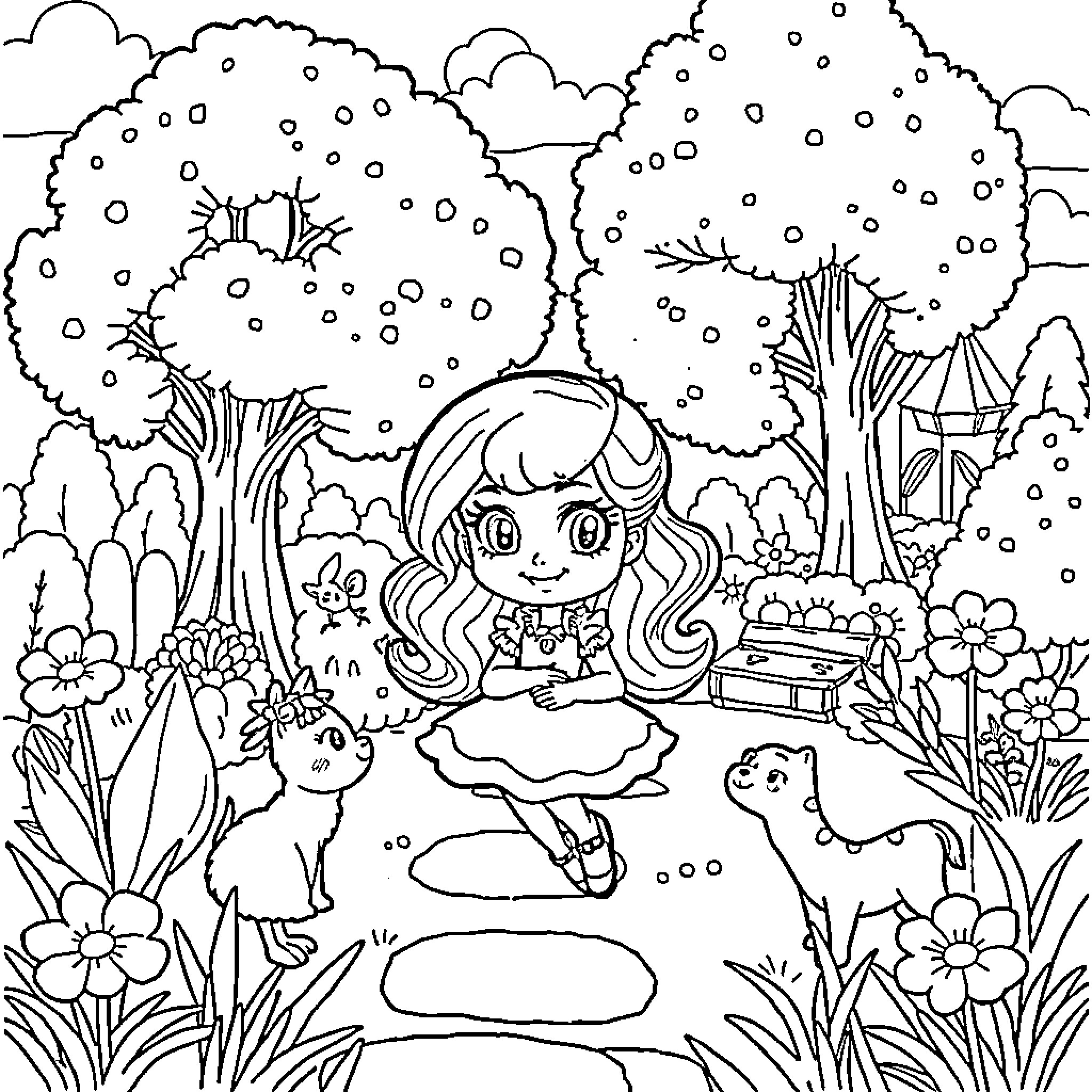 Polly Pocket playing with forest friends in the woods Coloring Page (free black-and-white line drawing printable PDF for all, from beginners to advanced learners, including children, teens, adults, and seniors)