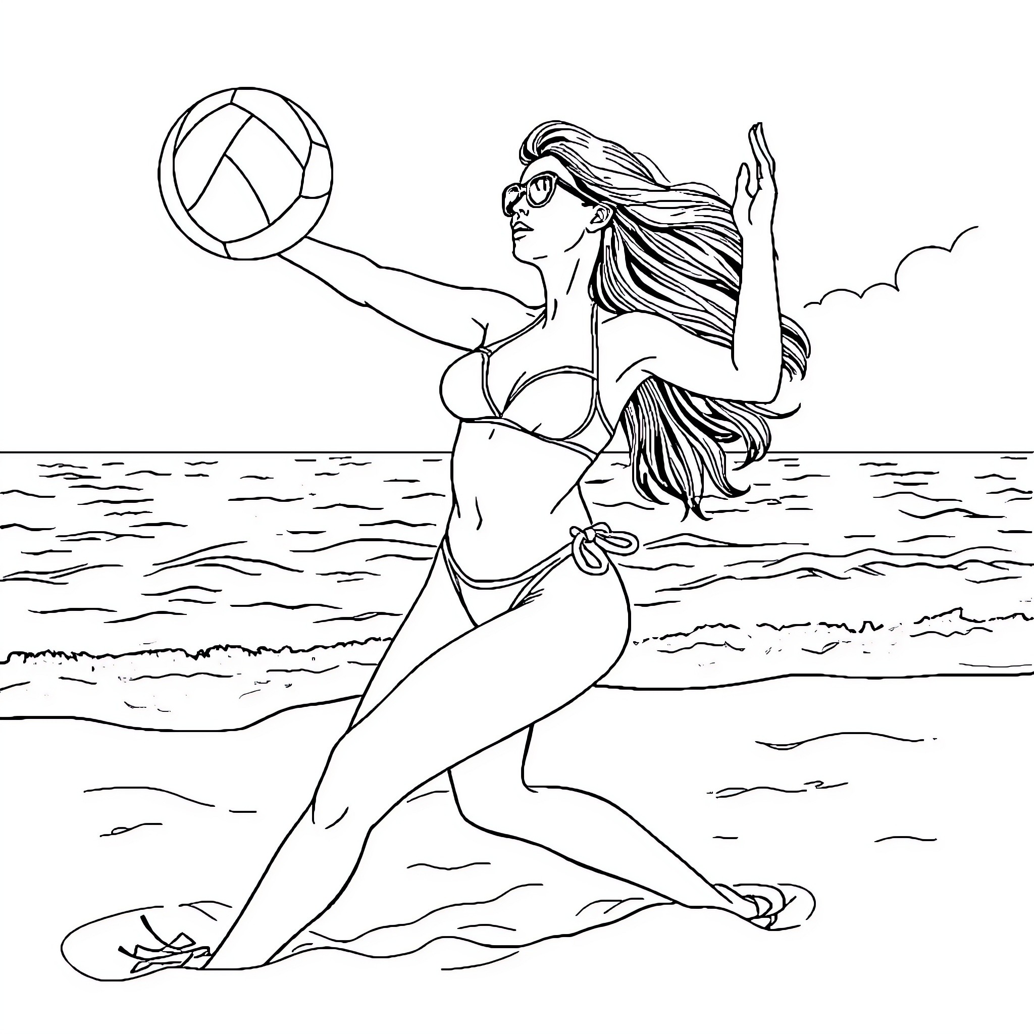 Woman playing volleyball on the beach Coloring Page (free black-and-white line drawing printable PDF for all, from beginners to advanced learners, including children, teens, adults, and seniors)