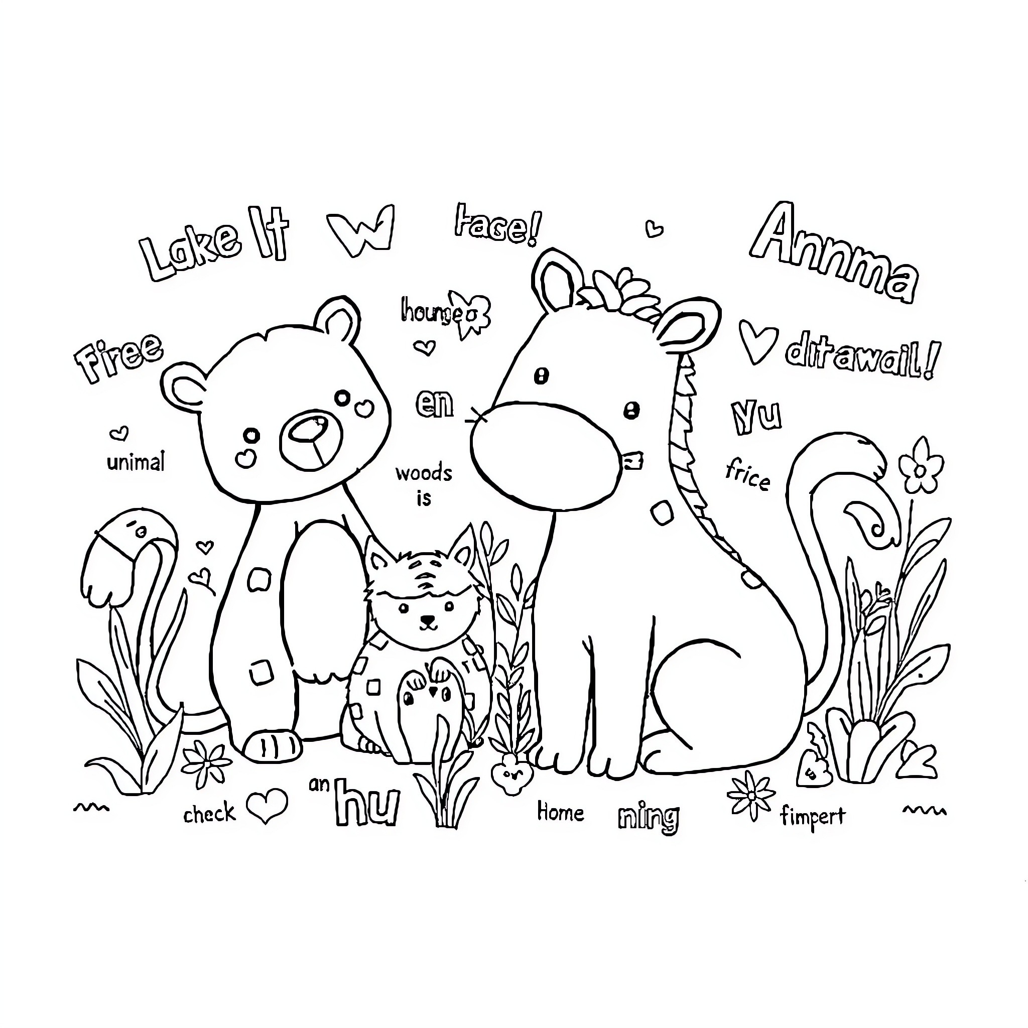 Animal friends in a forest scene Coloring Page (free black-and-white line drawing printable PDF for all, from beginners to advanced learners, including children, teens, adults, and seniors)