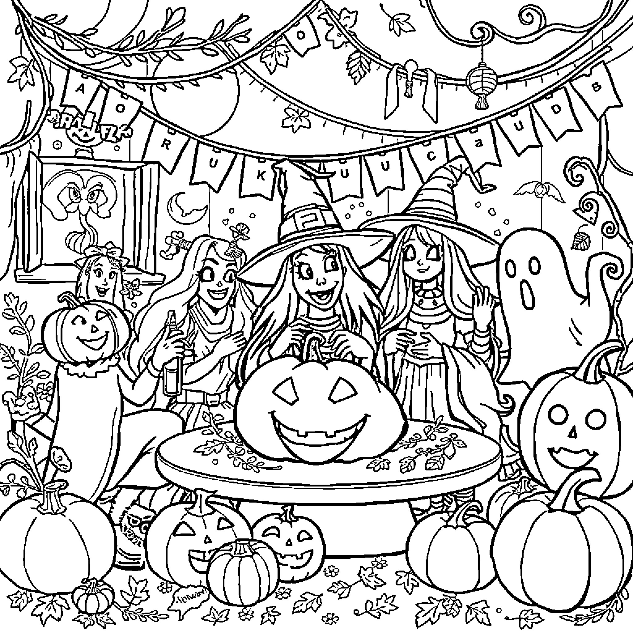 Character Halloween party with decorations and costumed figures Coloring Page (free black-and-white line drawing printable PDF for all, from beginners to advanced learners, including children, teens, adults, and seniors)