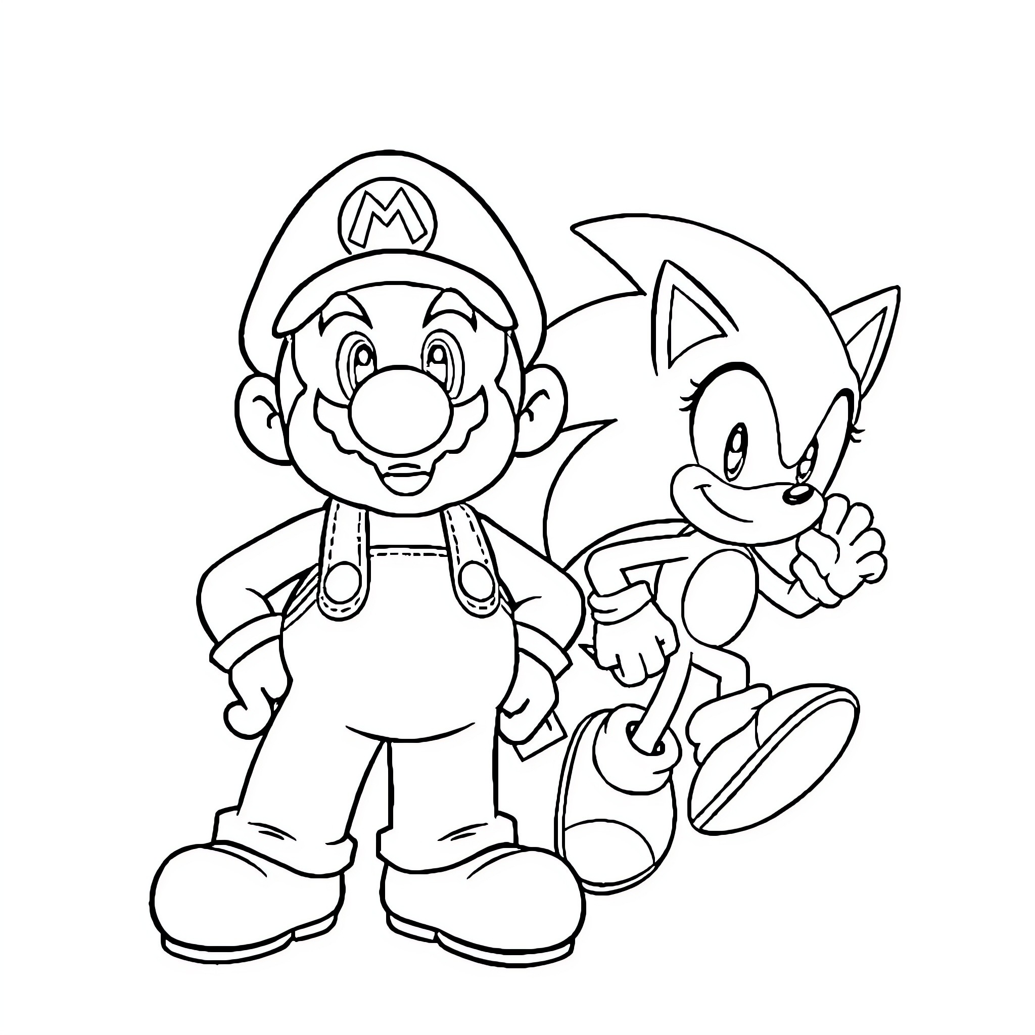 Mario and Sonic playing together in cartoon style Coloring Page (free black-and-white line drawing printable PDF for all, from beginners to advanced learners, including children, teens, adults, and seniors)