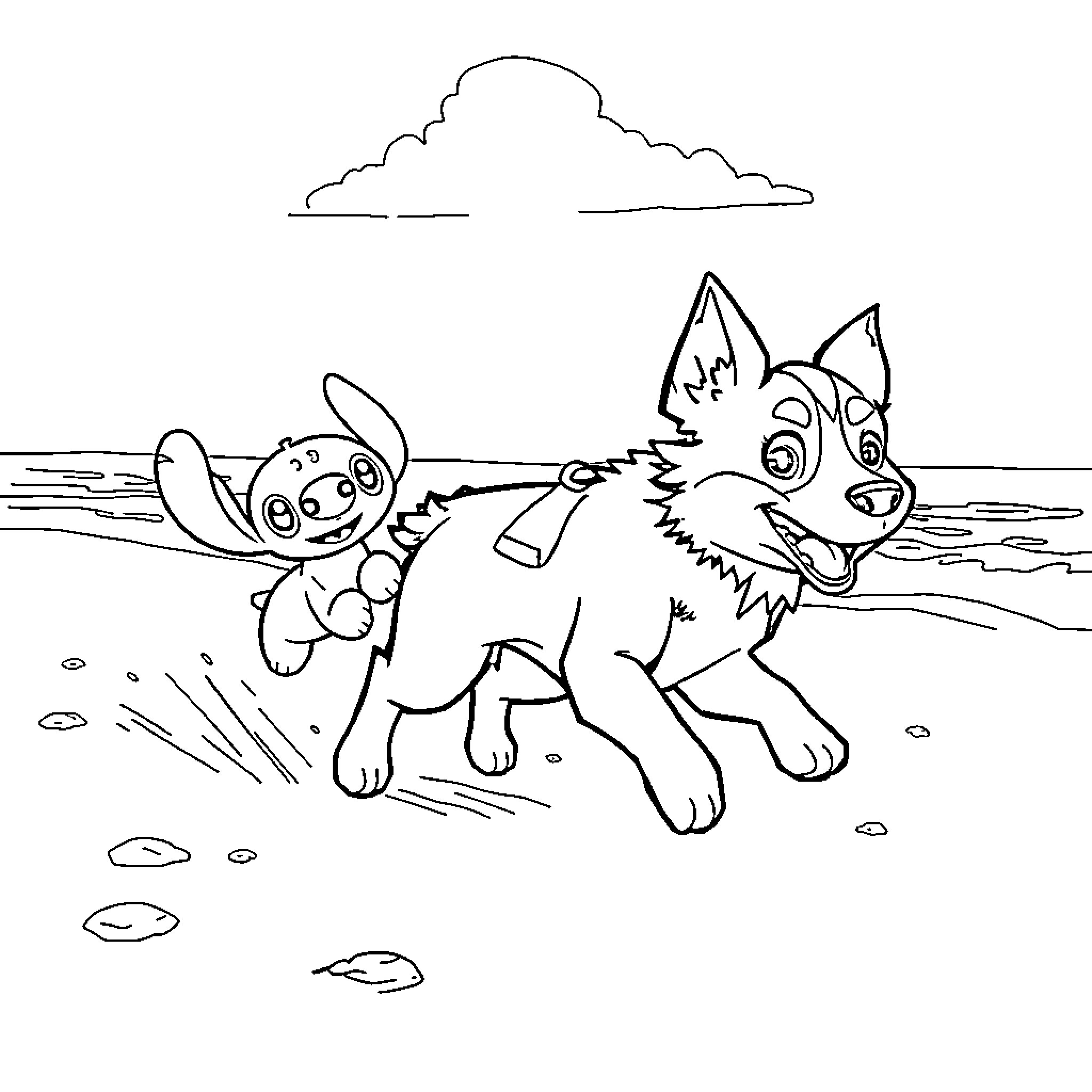 Dog and alien pet playing on the beach Coloring Page (free black-and-white line drawing printable PDF for all, from beginners to advanced learners, including children, teens, adults, and seniors)