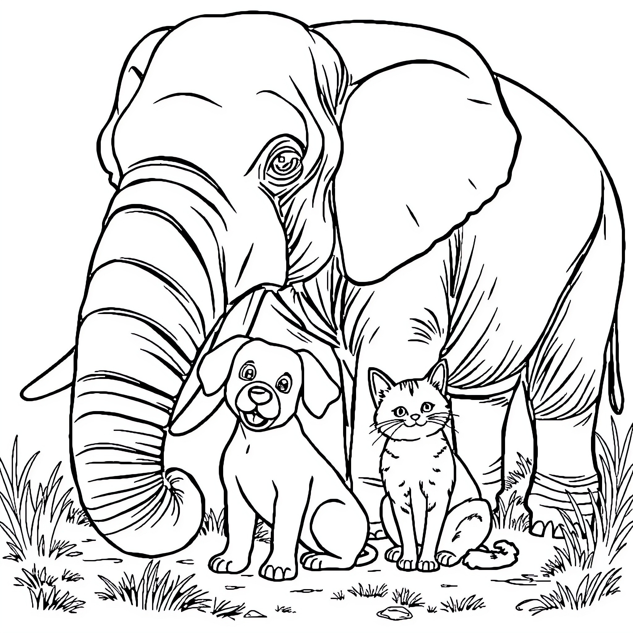 Dog, cat, and puppy explore the jungle Coloring Page (free black-and-white line drawing printable PDF for all, from beginners to advanced learners, including children, teens, adults, and seniors)