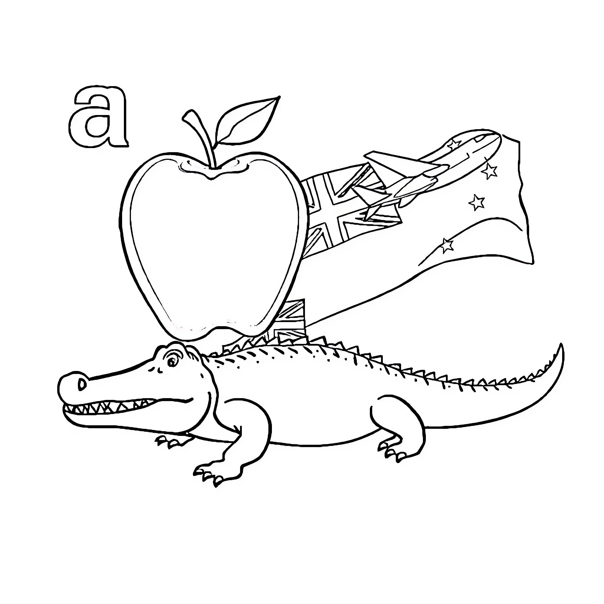 Letter with Dinosaur and Apple Illustration Coloring Page (free black-and-white line drawing printable PDF for all, from beginners to advanced learners, including children, teens, adults, and seniors)