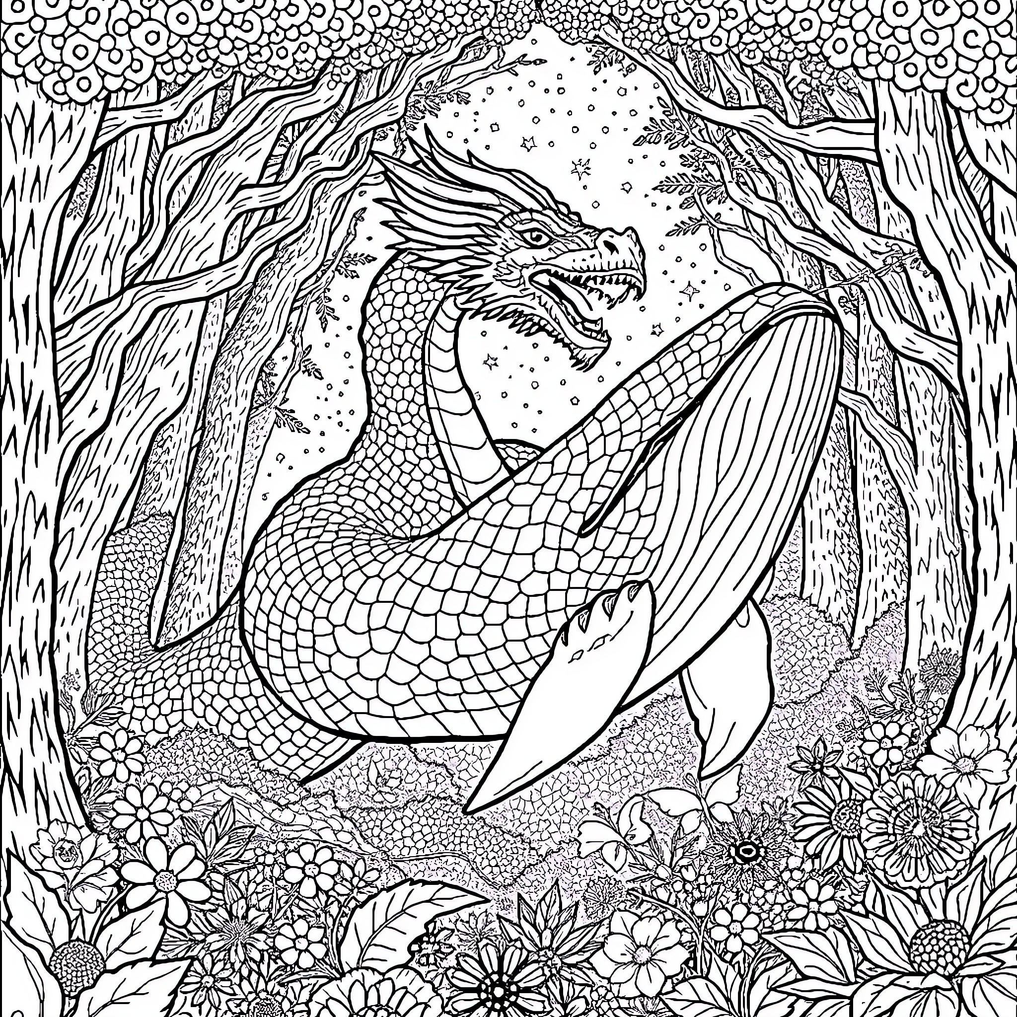 Dragon in Enchanted Forest Coloring Page (free black-and-white line drawing printable PDF for all, from beginners to advanced learners, including children, teens, adults, and seniors)