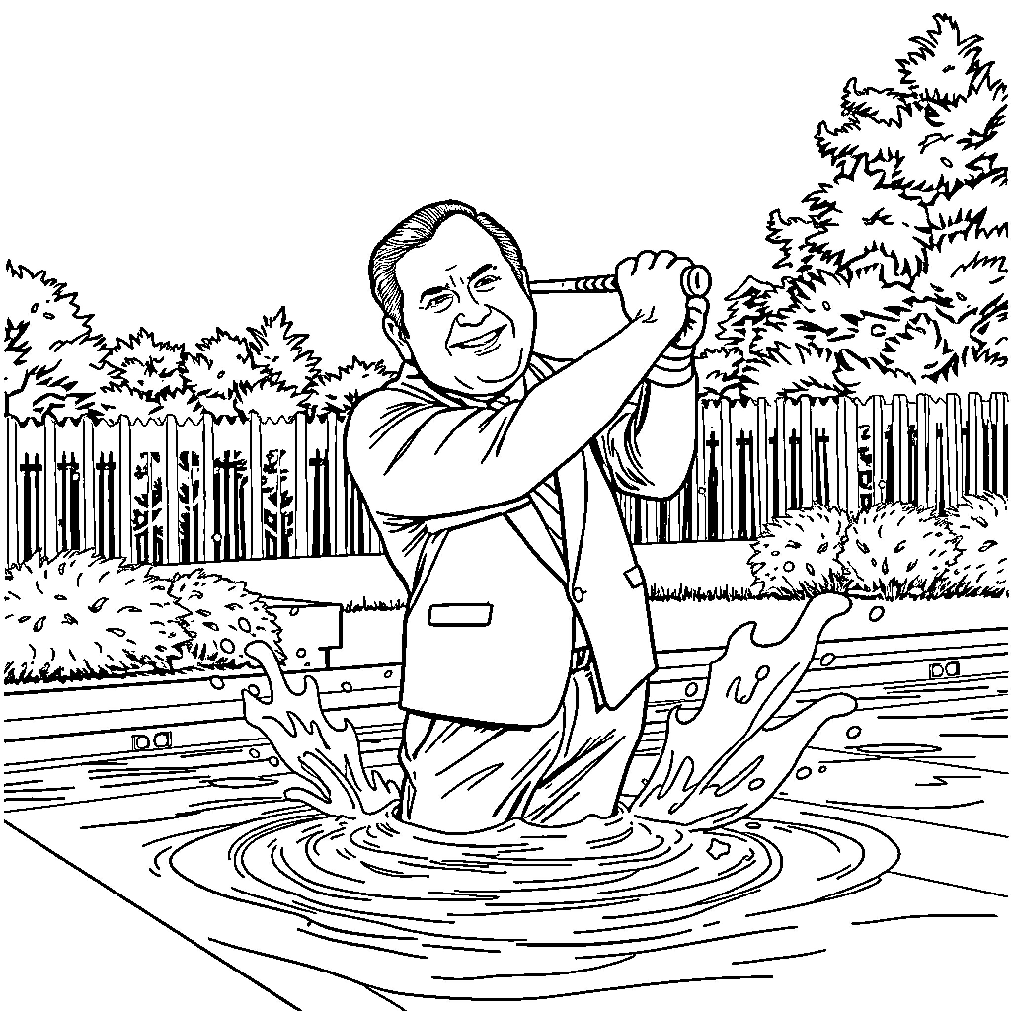 Richard Nixon playing in the backyard pool Coloring Page (free black-and-white line drawing printable PDF for all, from beginners to advanced learners, including children, teens, adults, and seniors)