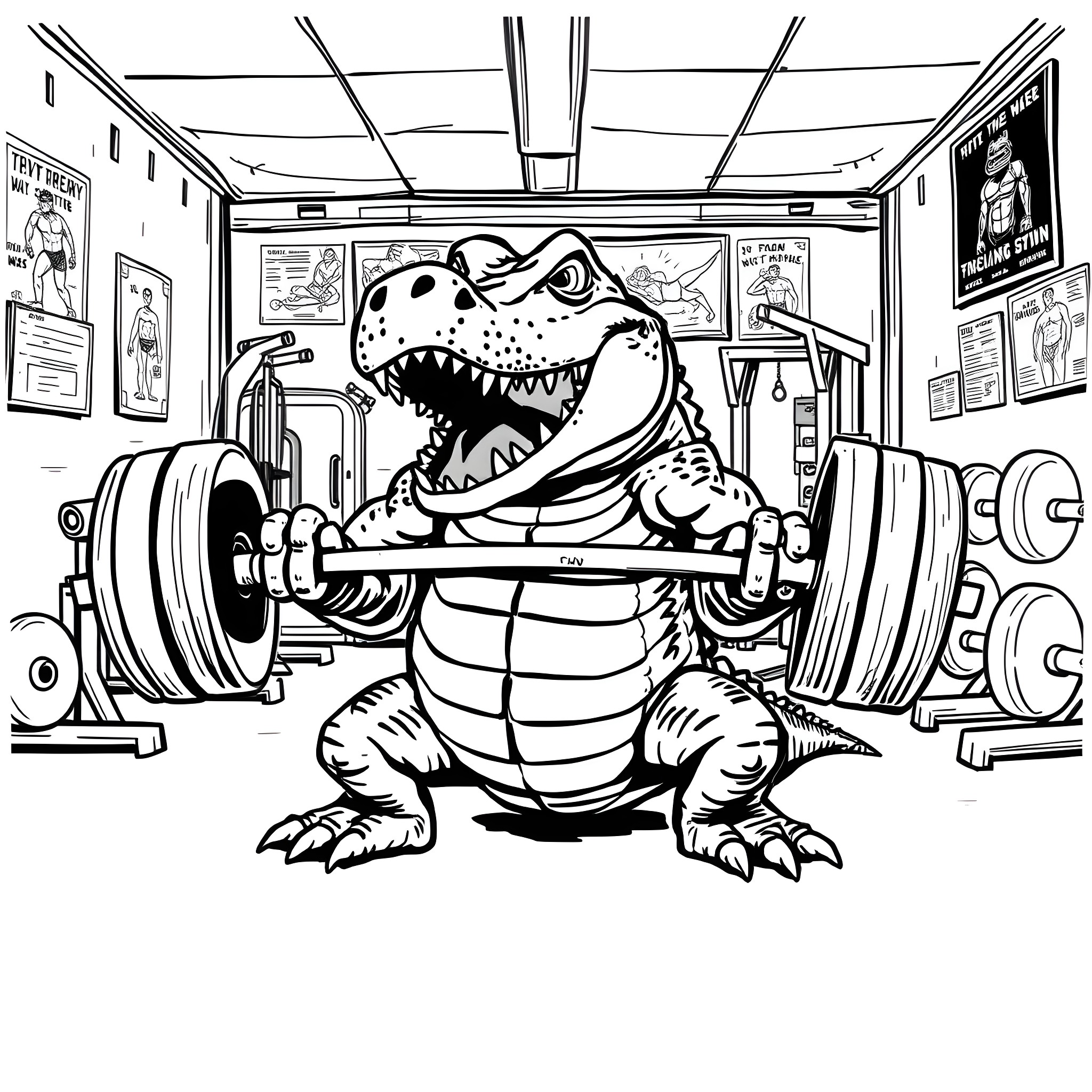 Alligator lifting weights in gym Coloring Page (free black-and-white line drawing printable PDF for all, from beginners to advanced learners, including children, teens, adults, and seniors)