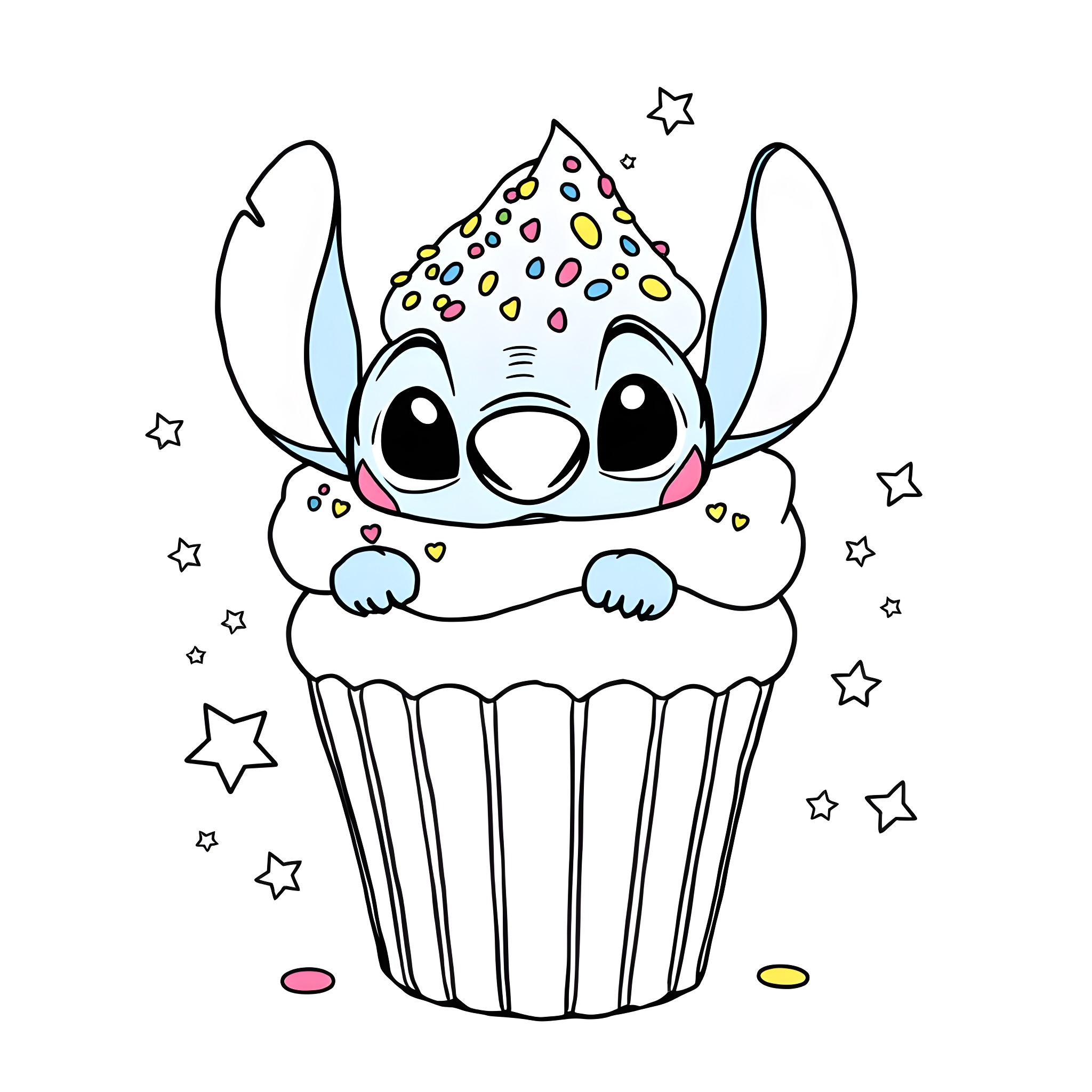 Stitch popping out of a colorful cupcake Coloring Page (free black-and-white line drawing printable PDF for all, from beginners to advanced learners, including children, teens, adults, and seniors)