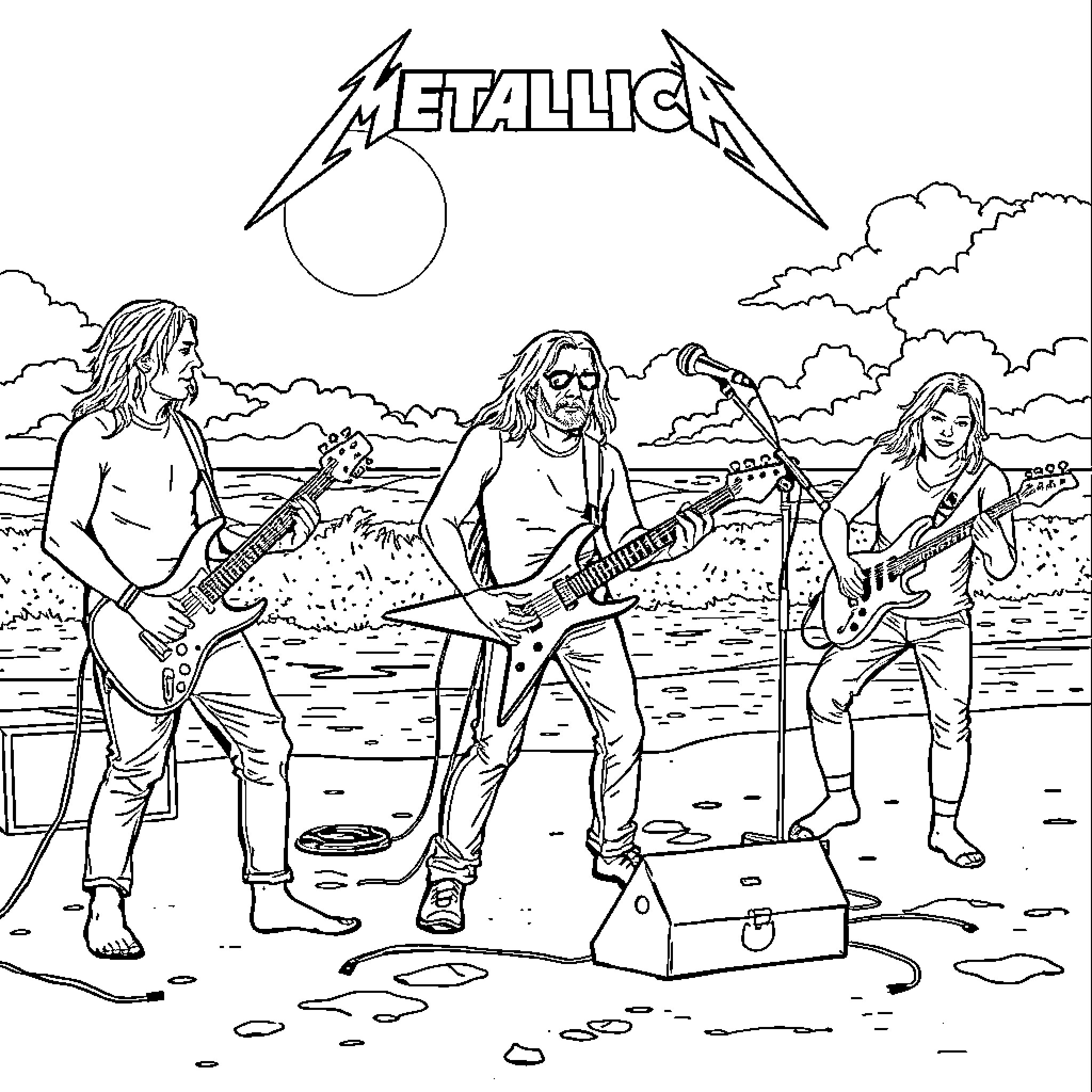 Metallica band performing on stage in desert landscape Coloring Page (free black-and-white line drawing printable PDF for all, from beginners to advanced learners, including children, teens, adults, and seniors)