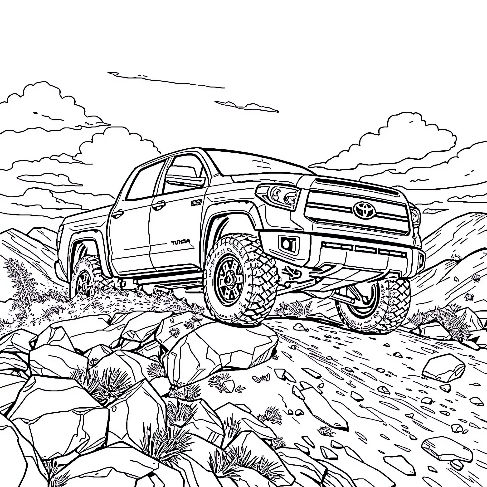 Toyota Tundra navigating rugged terrain Coloring Page (free black-and-white line drawing printable PDF for all, from beginners to advanced learners, including children, teens, adults, and seniors)