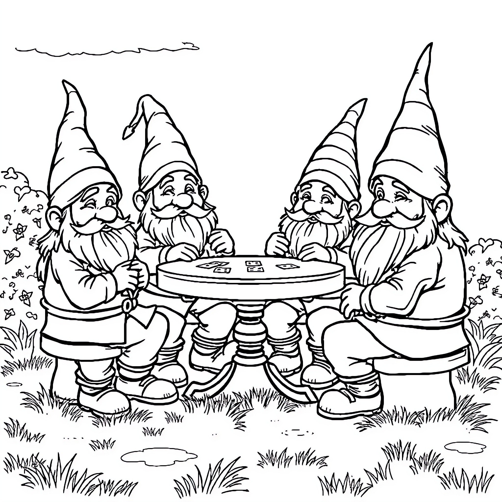 Lawn Gnomes Enjoying Tea Party in the Garden Coloring Page (free black-and-white line drawing printable PDF for all, from beginners to advanced learners, including children, teens, adults, and seniors)