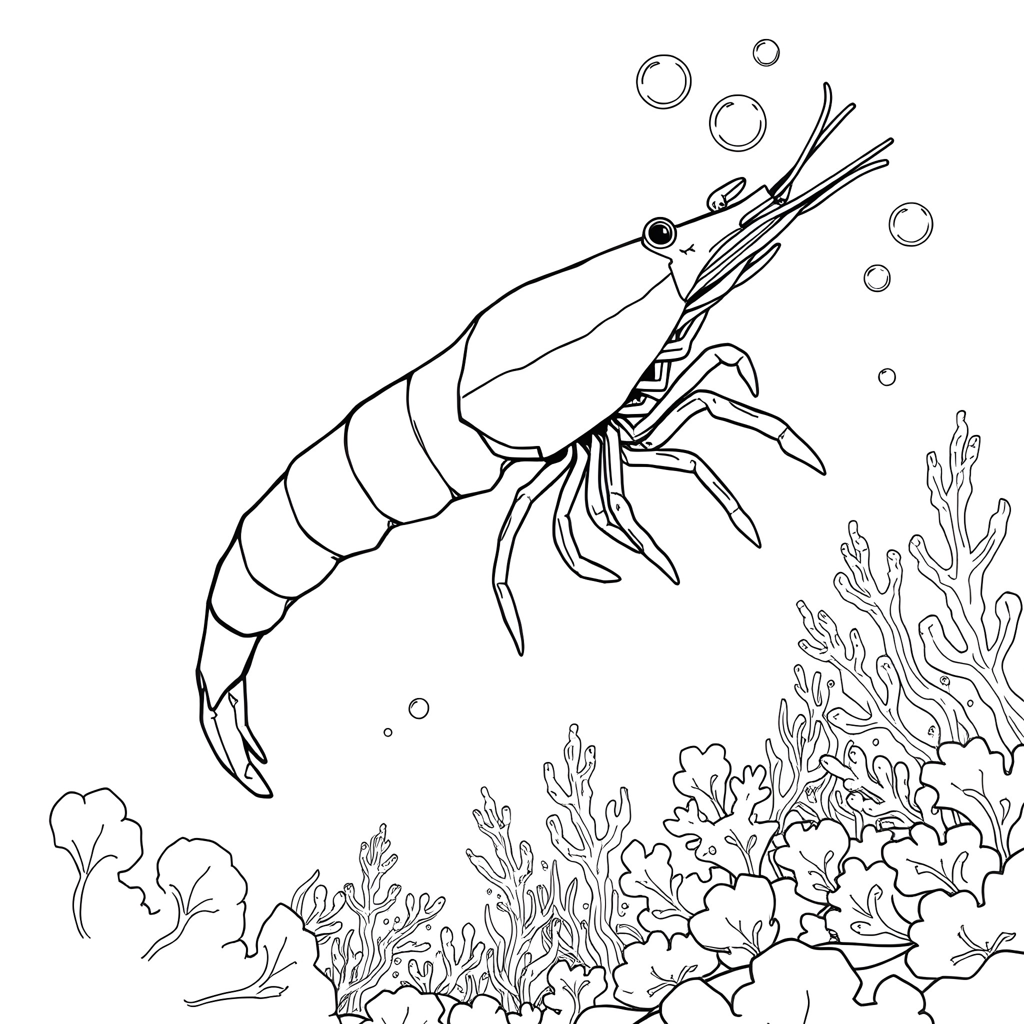 Shrimp swimming among coral reef Coloring Page (free black-and-white line drawing printable PDF for all, from beginners to advanced learners, including children, teens, adults, and seniors)