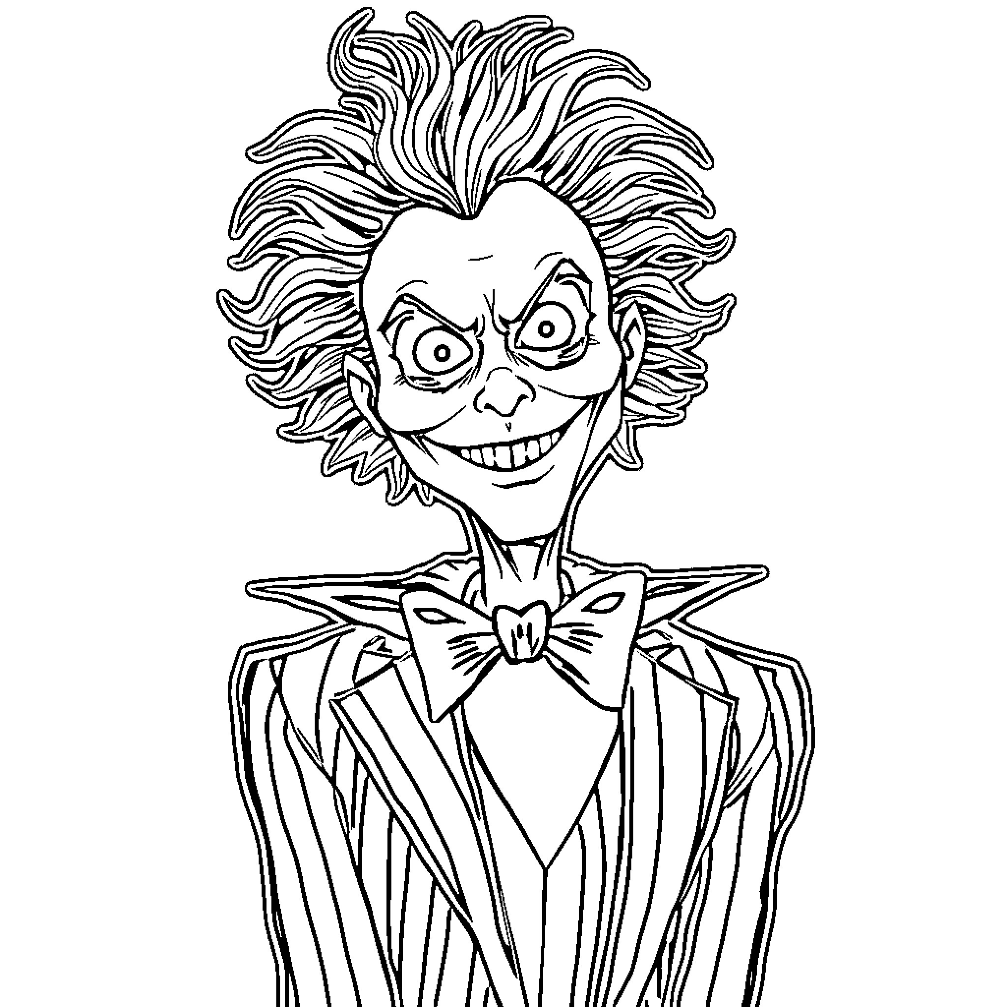 Beetlejuice's Mischievous Grin and Eccentric Attire Coloring Page (free black-and-white line drawing printable PDF for all, from beginners to advanced learners, including children, teens, adults, and seniors)