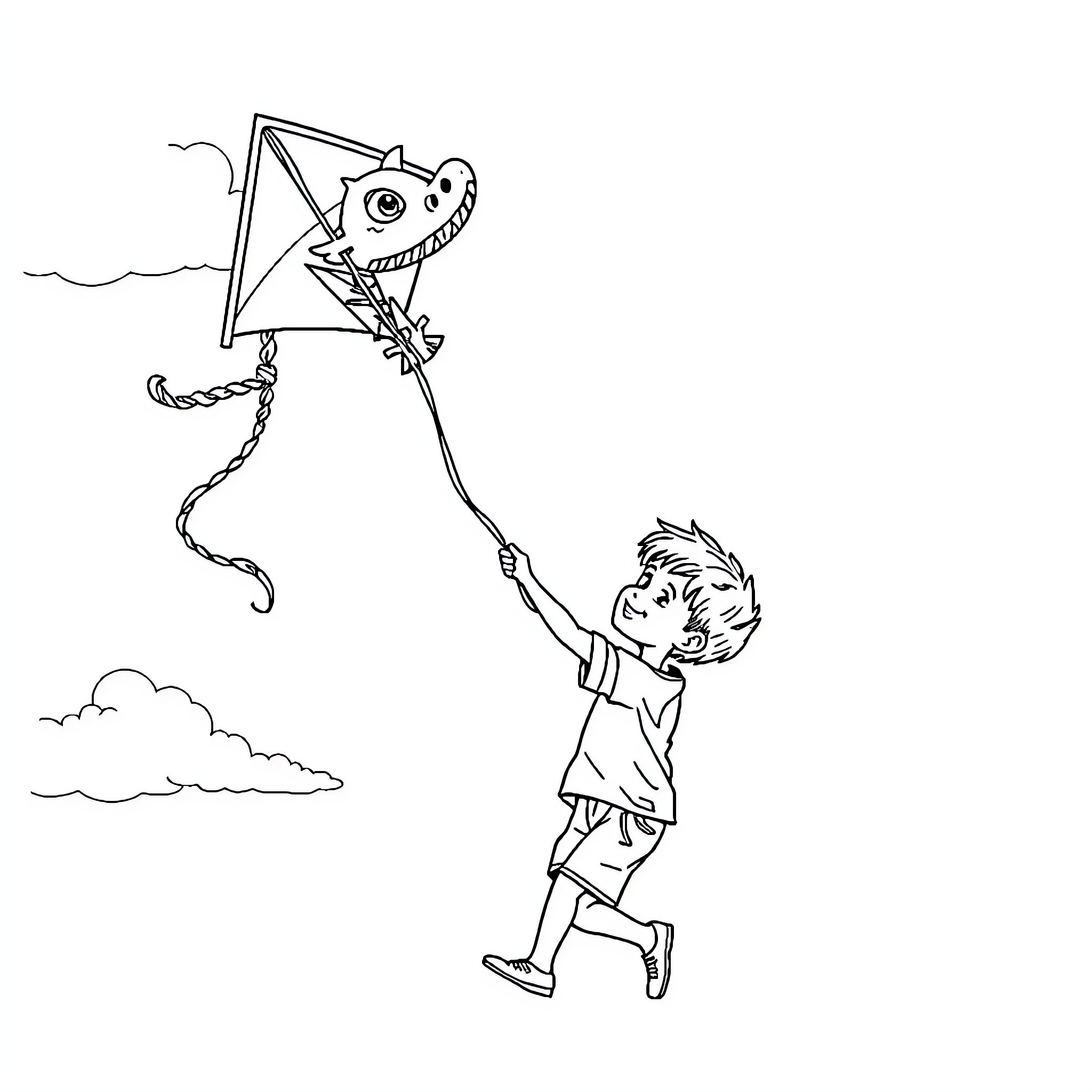 Boy flying kite on a windy day Coloring Page (free black-and-white line drawing printable PDF for all, from beginners to advanced learners, including children, teens, adults, and seniors)