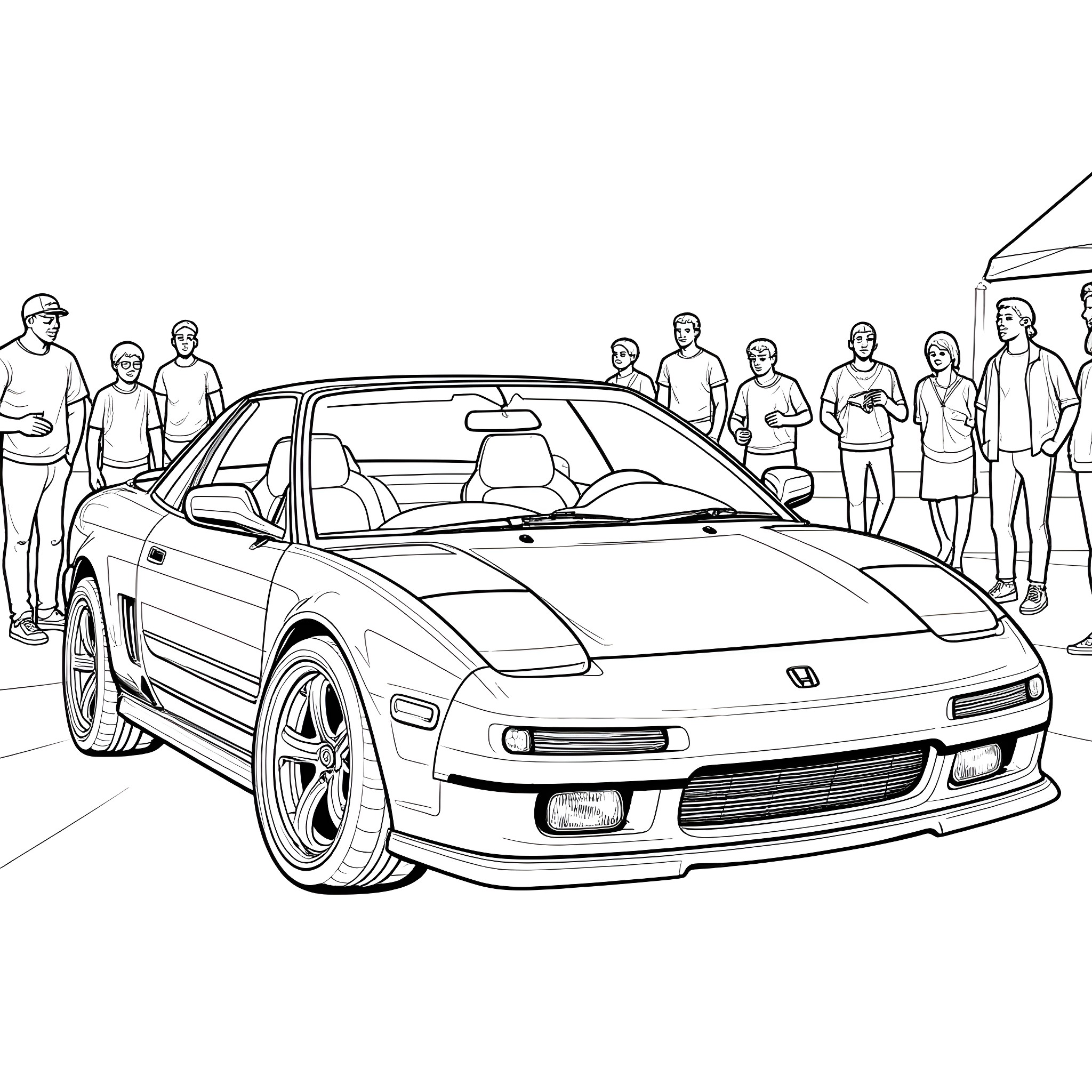 Honda CRX with enthusiasts gathered around Coloring Page (free black-and-white line drawing printable PDF for all, from beginners to advanced learners, including children, teens, adults, and seniors)