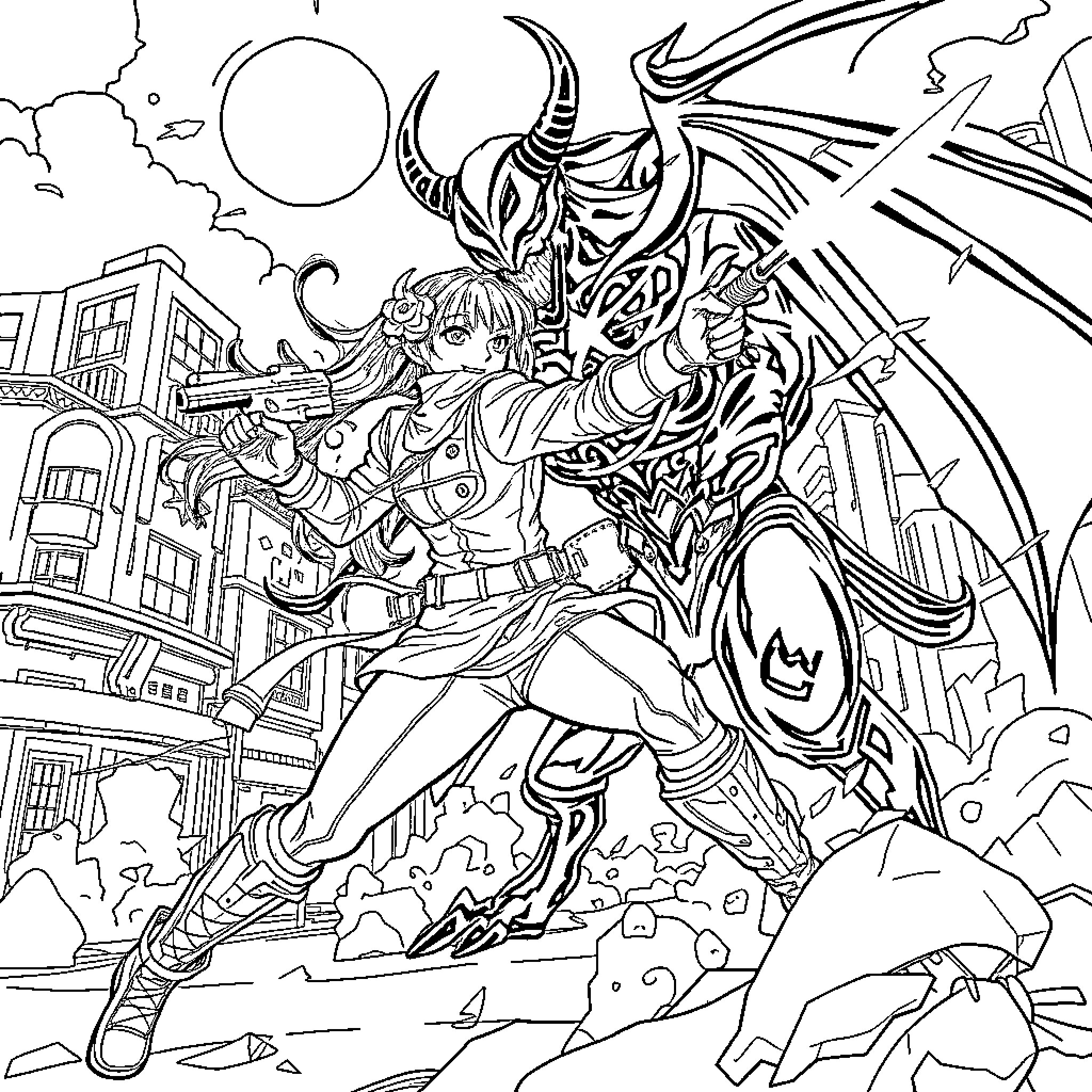 Guerrera Vanquishes the Formidable Adversary Coloring Page (free black-and-white line drawing printable PDF for all, from beginners to advanced learners, including children, teens, adults, and seniors)