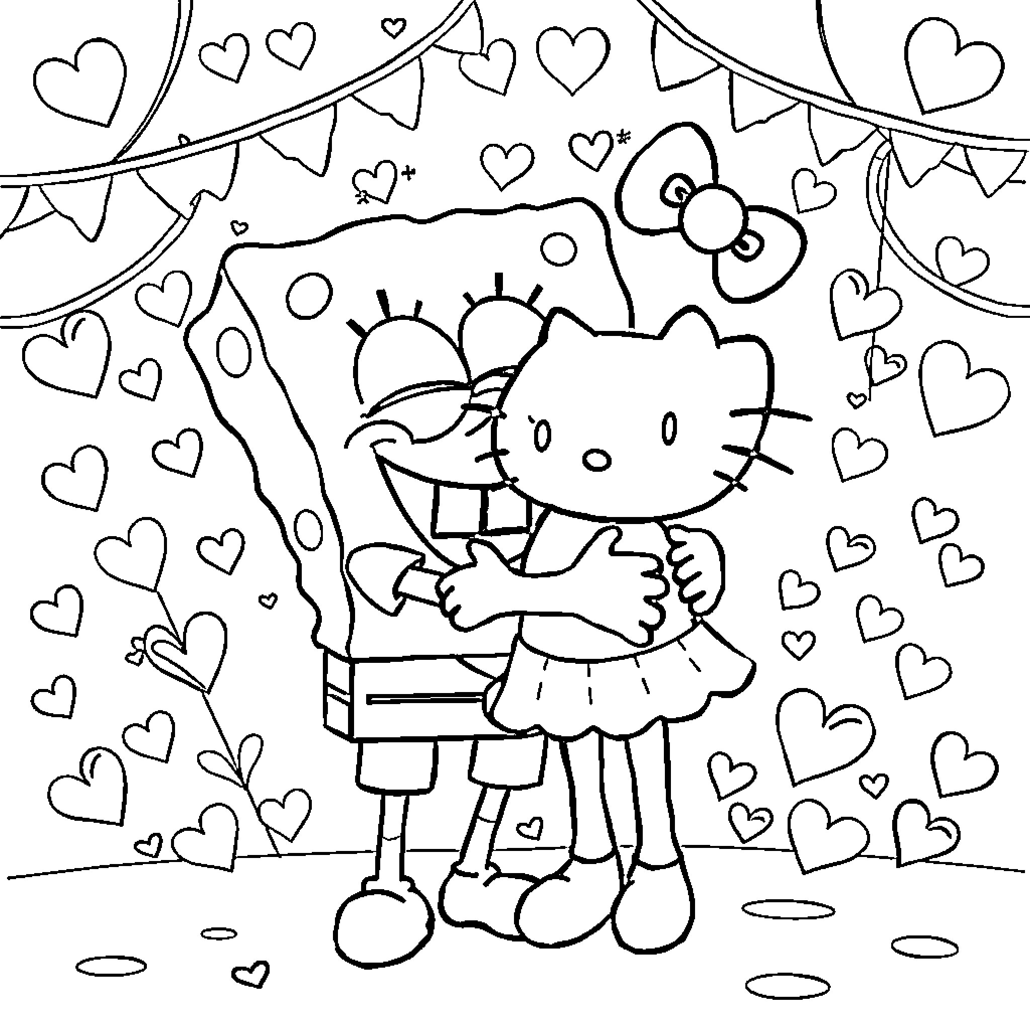 Spongebob character celebrating with hearts and party decorations Coloring Page (free black-and-white line drawing printable PDF for all, from beginners to advanced learners, including children, teens, adults, and seniors)